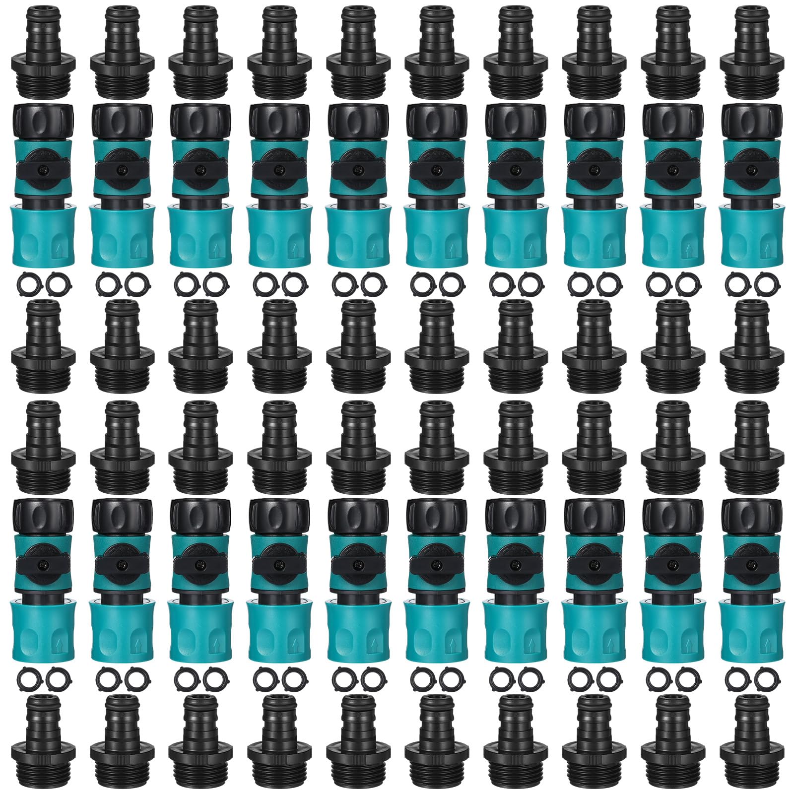 Threlaco 20 connettori rapidi per tubi da giardino in plastica da 3/4", con valvola, 40 rondelle in gomma e 40 adattatori maschio per accoppiamento del tubo dell'acqua (stile semplice)