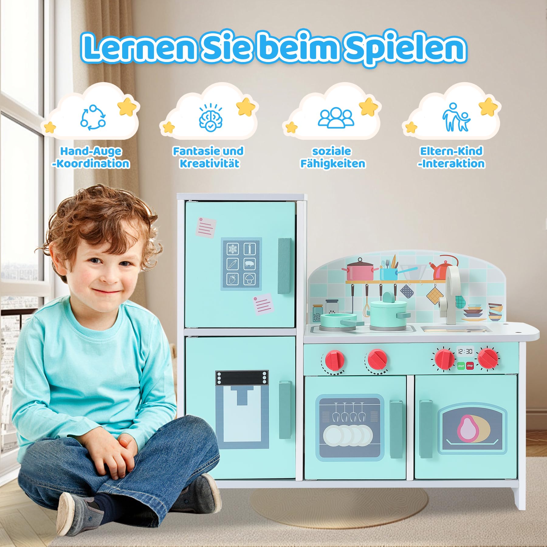 Cucina per bambini in legno con accessori, cucina per giochi di ruolo per bambini, set da gioco Mini Chef, set da gioco per cucina con cibo da gioco, frigorifero, forno, vano portaoggetti