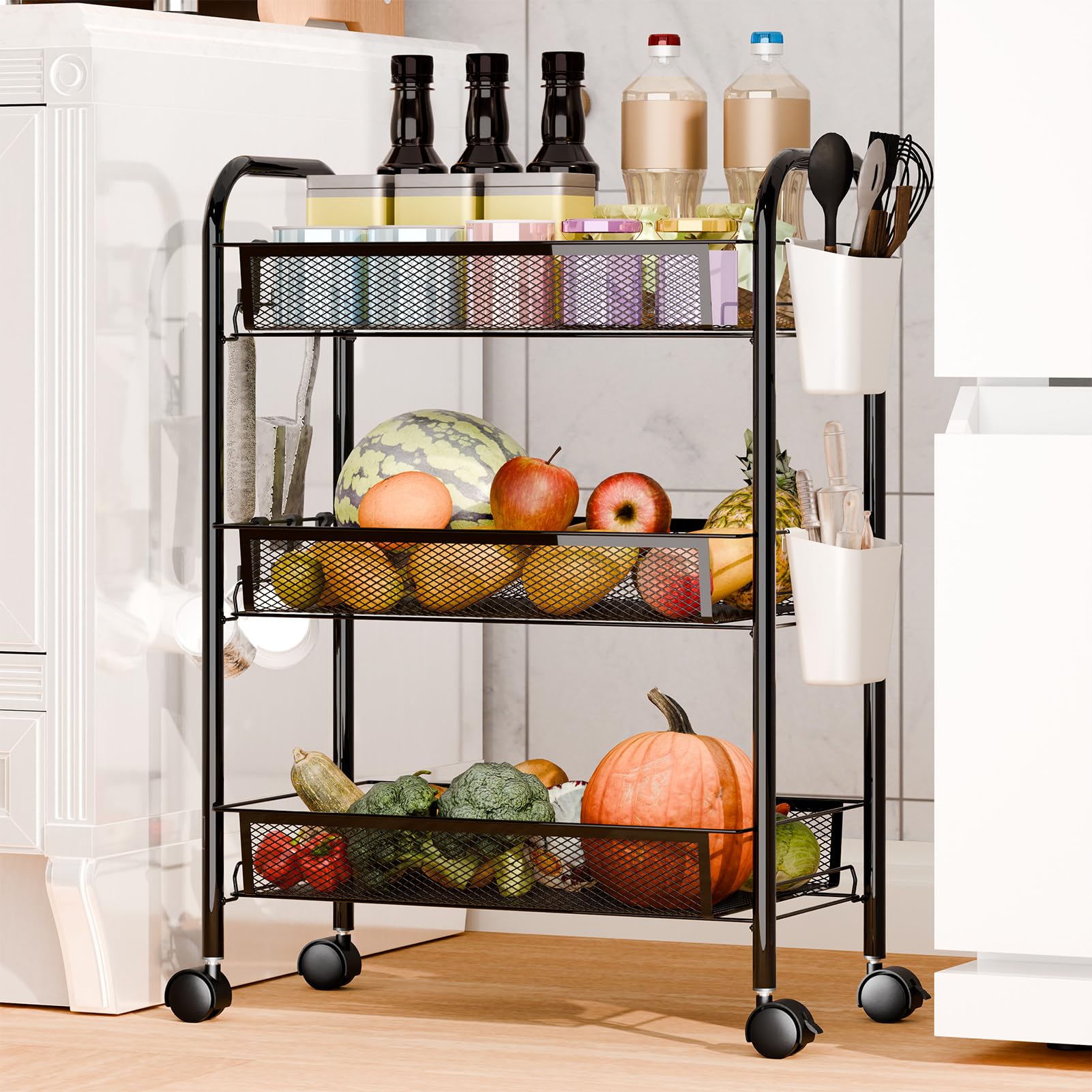 Carrello impilabile a 5 ripiani in rete metallica con ruote a 360°, cestino per frutta e verdura alto 104 cm, per cucina, dispensa e bagno, nero