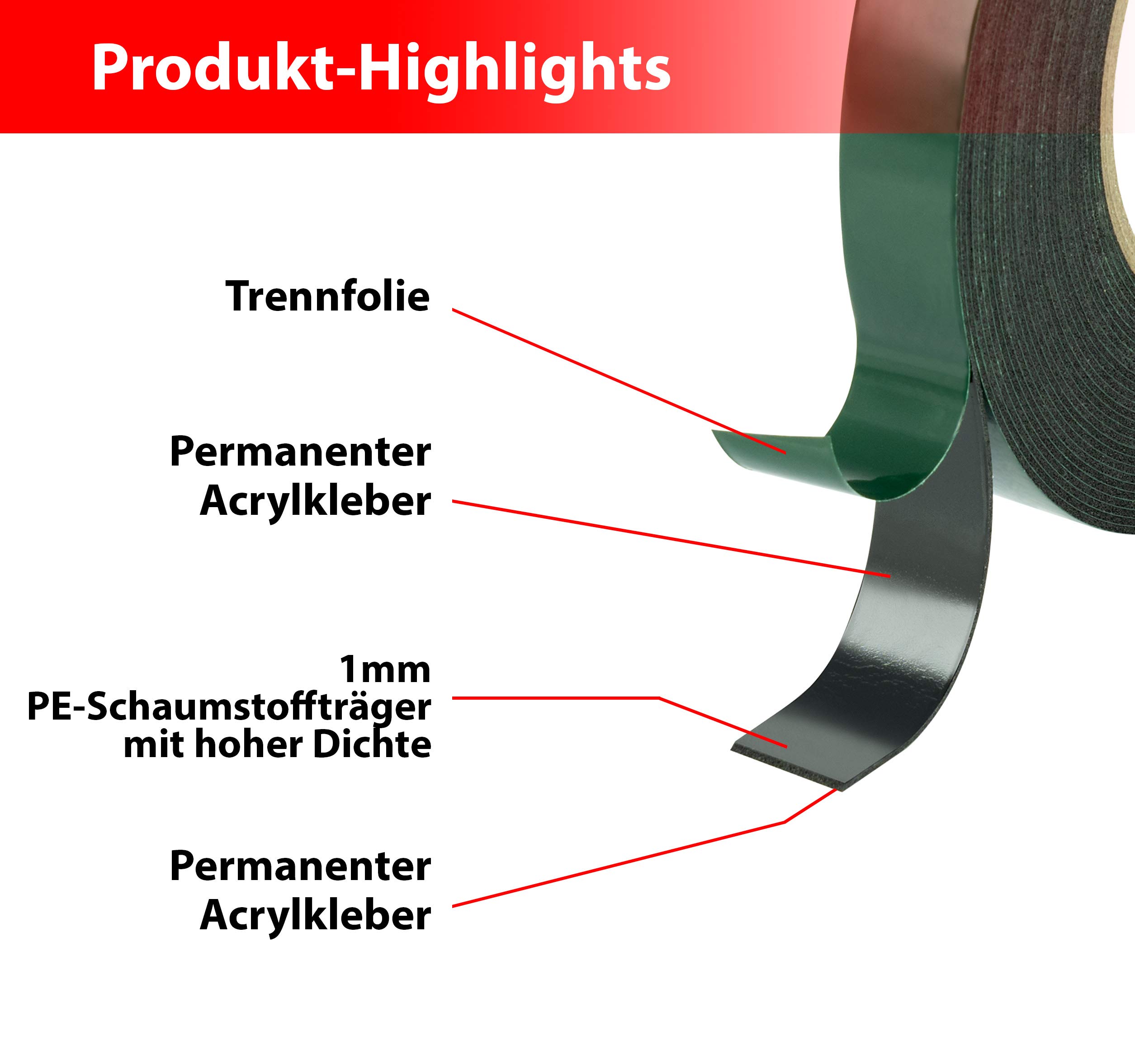 POPPSTAR 1x Double sided foam tape, mounting tape (10m x 9mm x 1mm), black, 10mx9mmx1mm - Image 2