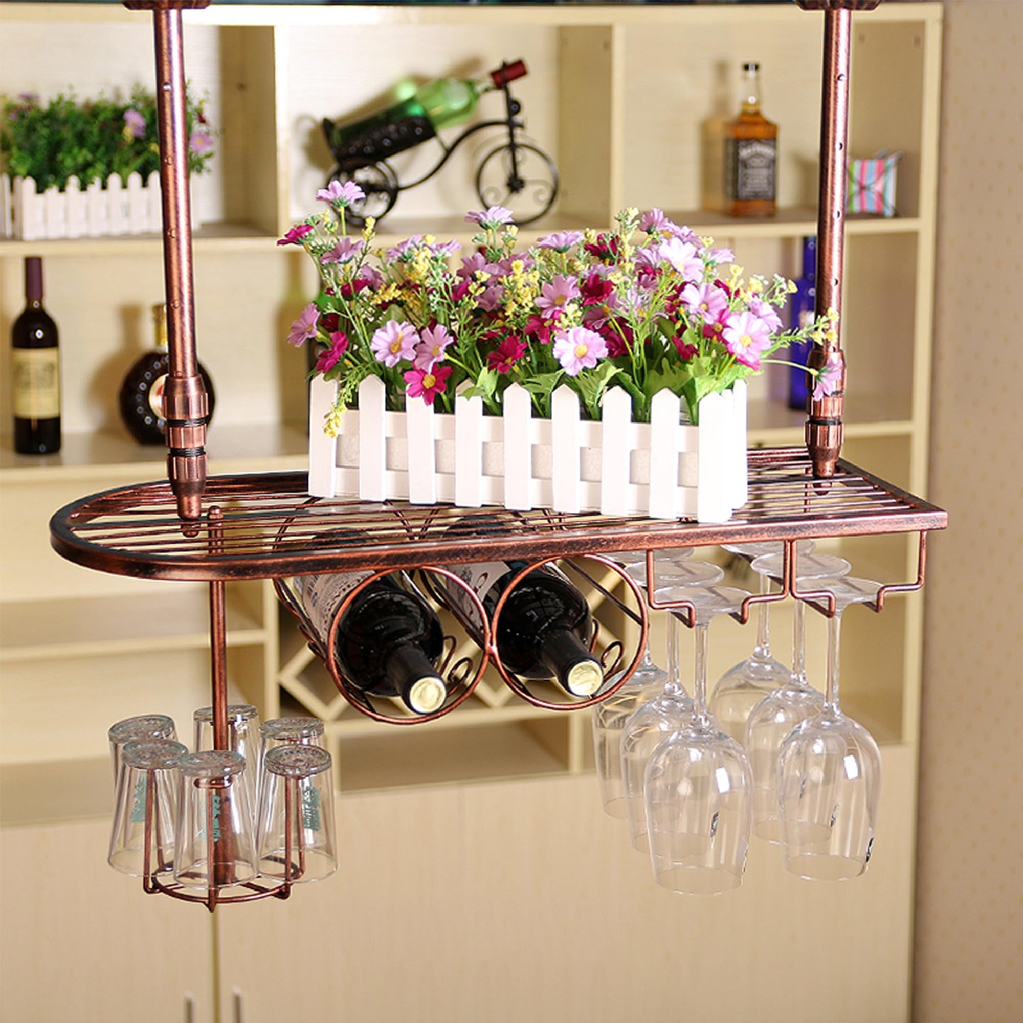 Étagère murale suspendue pour bouteilles de vin et verres au design bronze raffiné