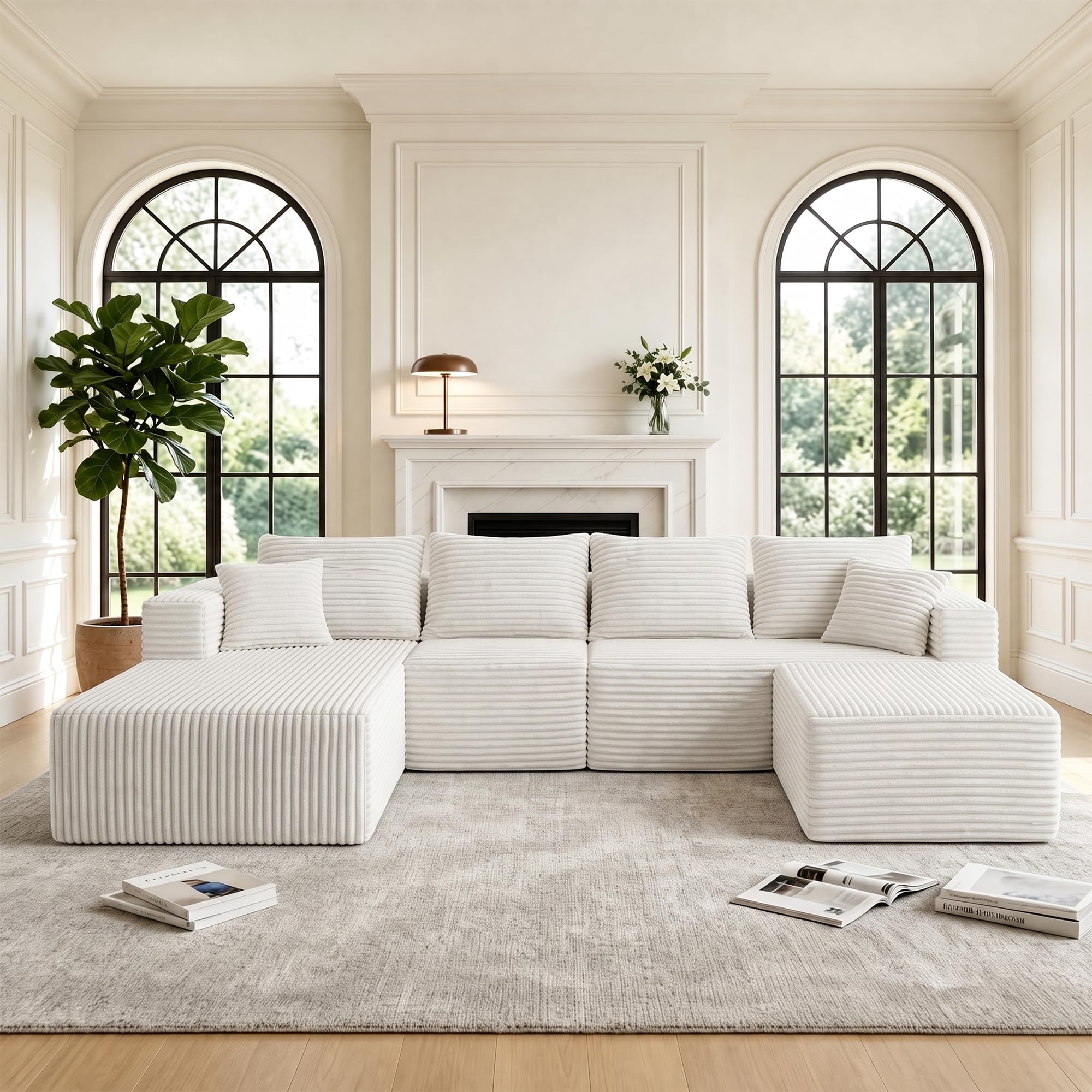 118" U-Shaped Modular Sectional Sofa, Corduroy Cloud Couch with Chaise &amp; Ottoman, Oversized Deep Seat Boneless Couches for Living Room, No Need Assembly - Beige (Left Facing Chaise)