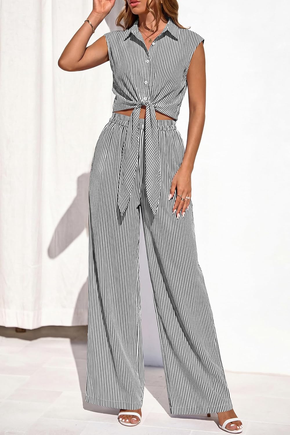 PRETTYGARDEN 2 Piece Sets For Women Summer Striped Button Down Tie Front Crop Tops Wide Leg Pants Floral Lounge Set 2026