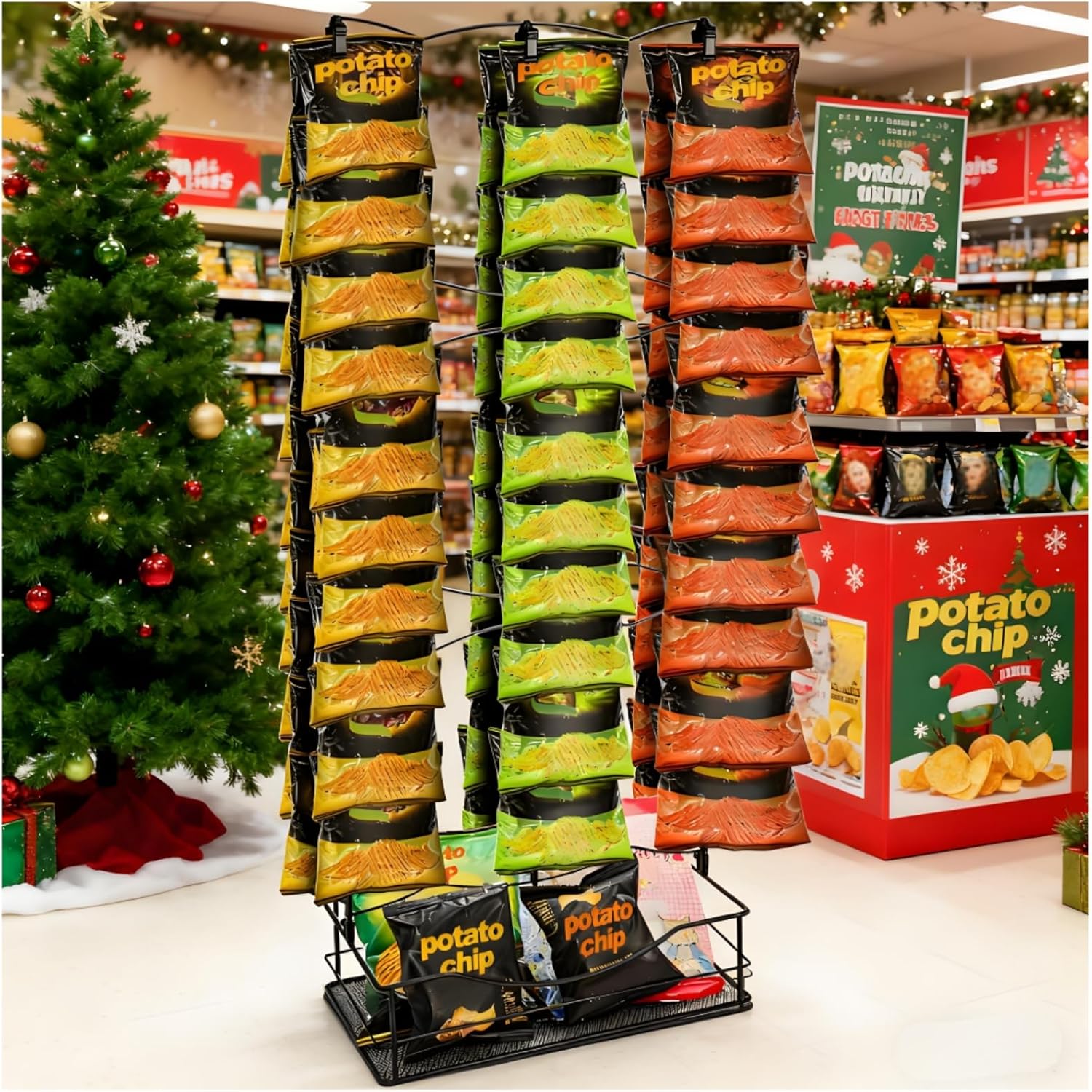 Chip Rack Display Stand, 3 Row 60 Clips Large Snack Retail Display Rack with Basket, Countertop Potato Chip Bag Candy Organizer Store Concession Stand for Party, Pantry, Office, Vendor Events