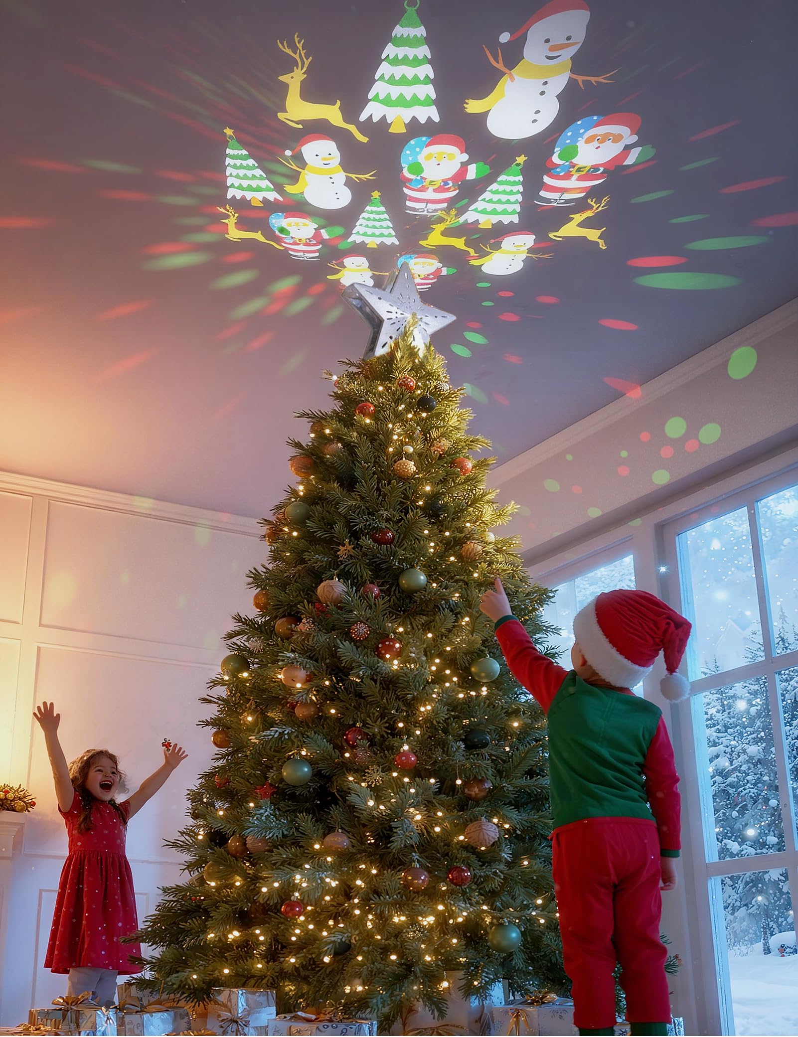 DG-Direct Cimier de sapin de Noël lumineux avec 6 motifs projetés, étoile 3D creuse étincelante avec projecteur magique rotatif pour décoration de sapin de Noël (argenté)