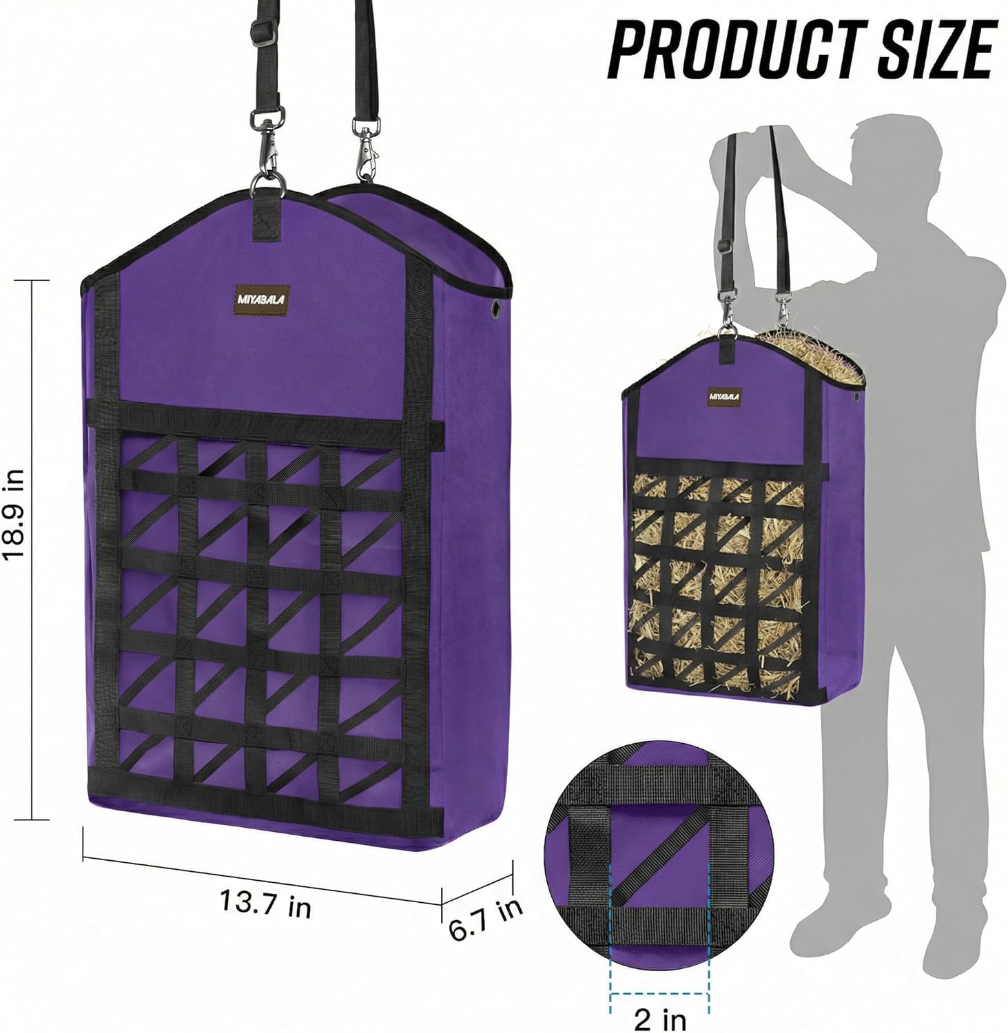 Ultra-Slow Feed Hay Bag for Horses, 3 Packs Hay Bags with Net Front Design,Wide Opening for Easy Filling,Two Types of Hanging for Feeding Goats, Sheep and Donkeys (1 Black+2 Purple)