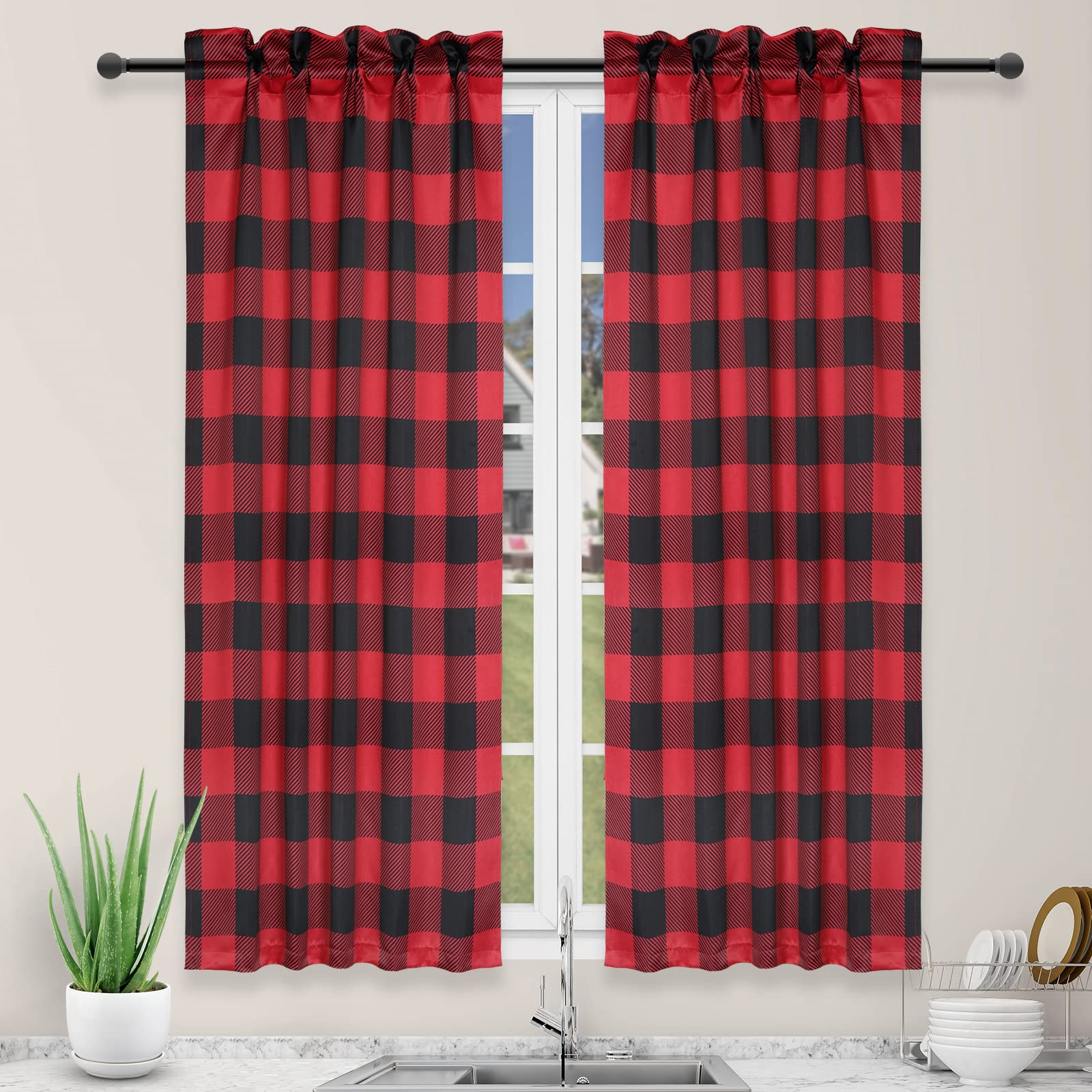 Photo 1 of Simple Deluxe Buffalo Check Kitchen Tier Curtains, Plaid Gingham Small Curtain for Half Cafe Windows, 26" W x 45" L, Black and Red Black and Red Tiers|26" W x 45" L X 2 Pcs