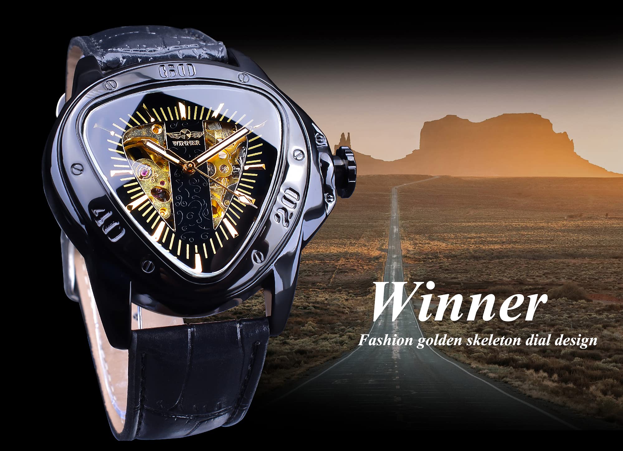 Winner Fashion mechaniczny zegarek na rękę trójkątna tarcza wyścigowa, wodoodporny złoty szkielet tarcza automatyczny mechanizm skórzany design mechaniczny zegarek dla mężczyzn