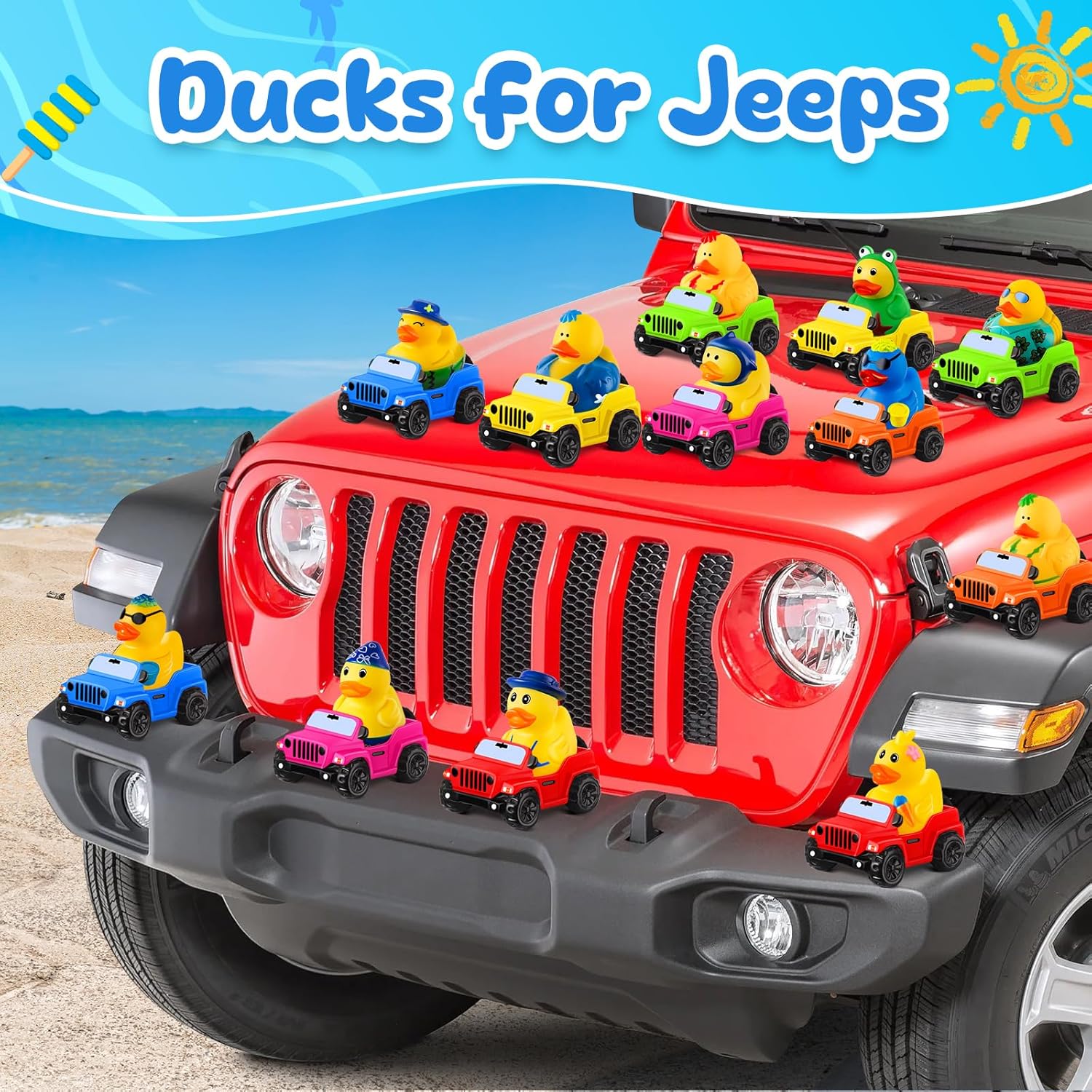 24 Pcs Summer Rubber Ducks for Jeeps, Summer Beach Rubber Ducks, 3.5 Inch Ducks for Jeeps ,2 Inch Ducks for Ducking, 12 Summer Ducks with 12 Cars, Summer Party Favors Gifts Swimming Pool Water Toys - Image 5