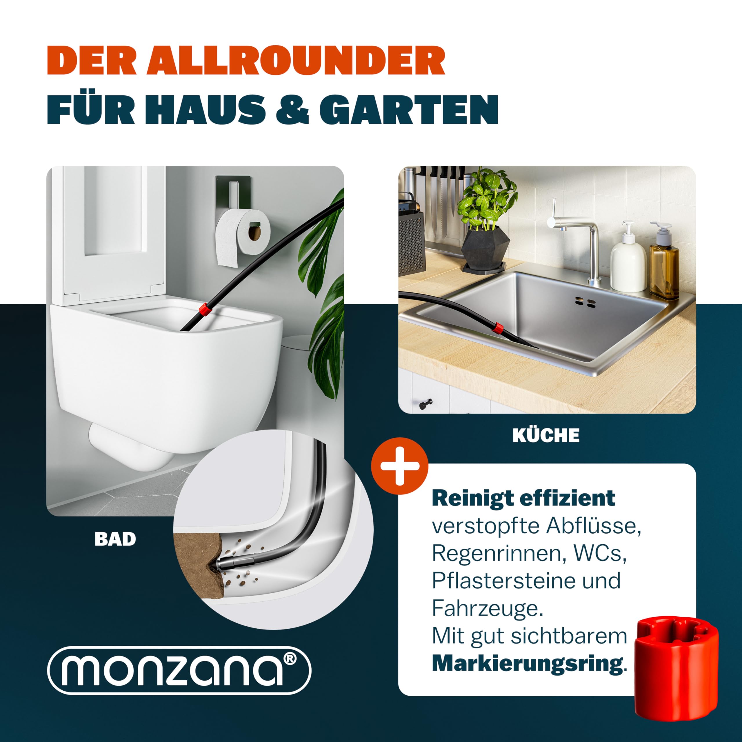 DEUBA® Rohrreinigungsschlauch 15m 160 Bar 4 Adapter Hochdruckreiniger Kärcher K2 K3 K4 K5 K6 K7 Rohrreinigungsset Abflussreiniger Rohrreiniger Schlauch