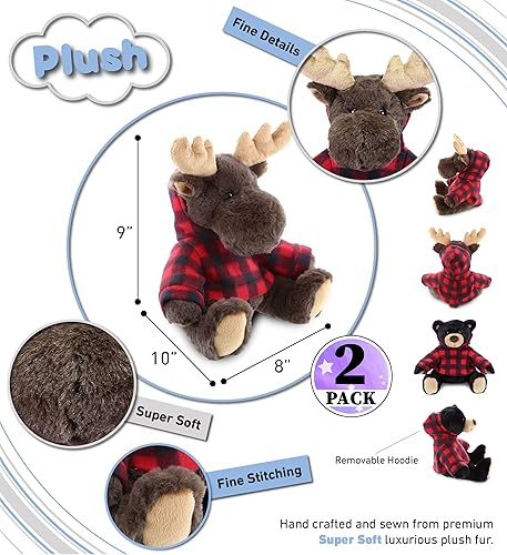 Miniatura 3 de DolliBu Peluche de oso negro y alce con capucha a cuadros rojos, suave y adorable peluche de zoológico de juego con ropa, bonito regalo de vida