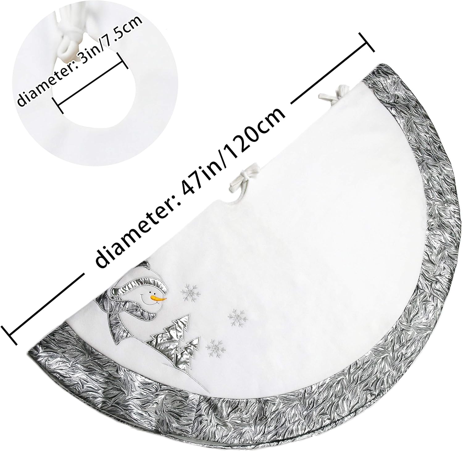 WEWILL 48'' Large Luxury Silvery Snowman Christmas Tree Skirt with Satin Border Embroidered Snowflake Xmas Holiday Tree Mat Party Supplies