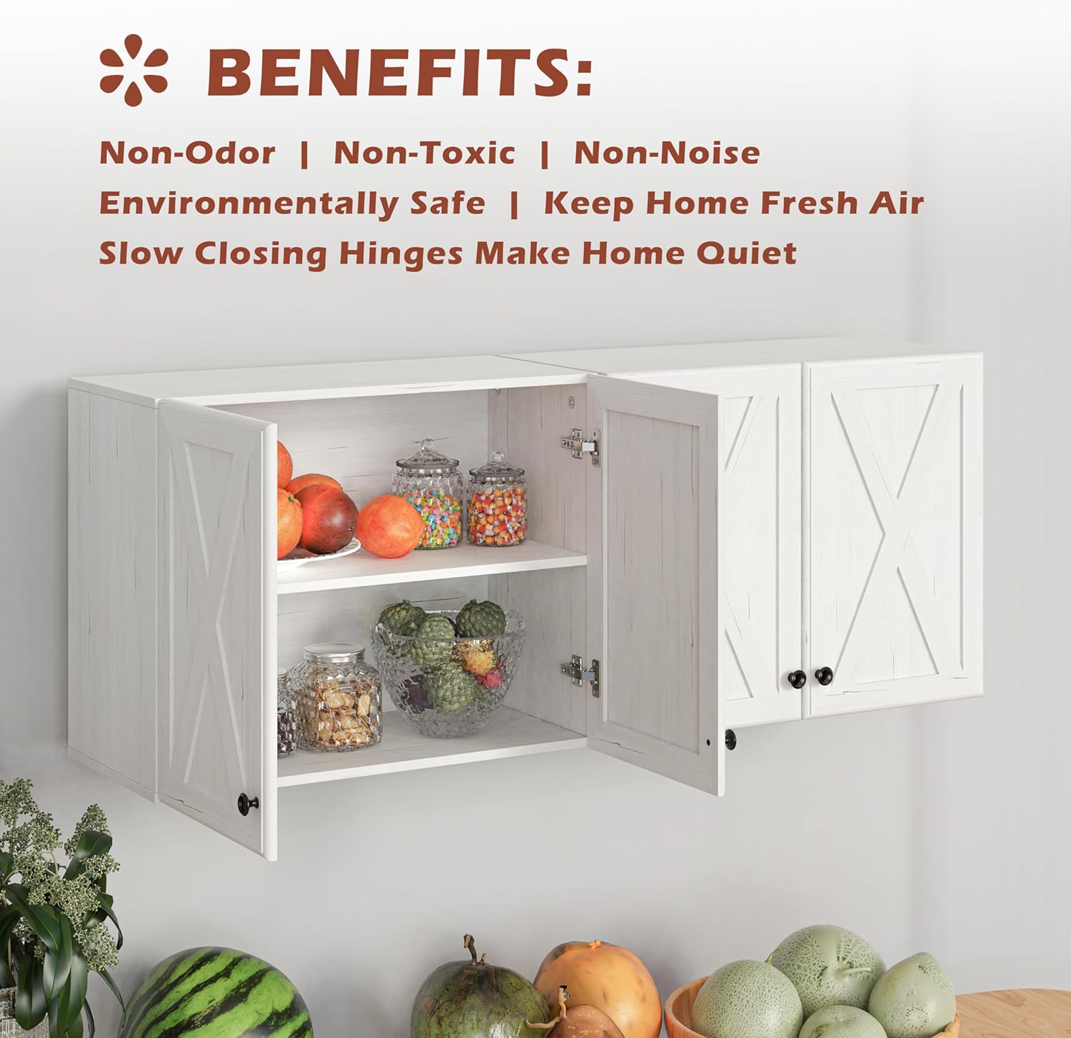 Wall Storage Cabinets - Farmhouse Kitchen Laundry Wall Mounted Cabinets with 4 Doors and Shelves, in White with Grain, 24'Wx2Pcs