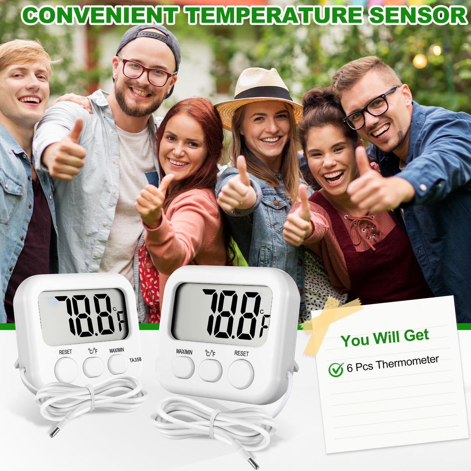 Kingdder Confezione da 6 termometri digitali con sensore esterno magnetico posteriore, termometro per frigorifero e congelatore, monitor della temperatura ambiente impermeabile con display LCD
