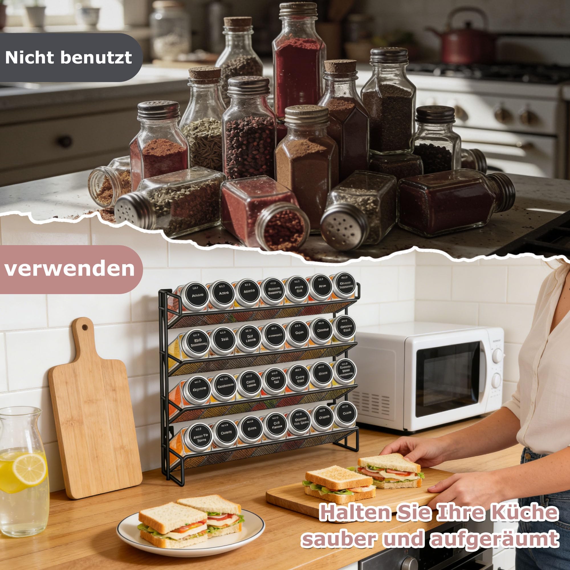 4 Stöckiges Gewürzregal Stehend & Wand 28 Leere Gewürz Organizer mit Gestell und 432 Gewürzetiketten, Spice Rack Gewürzregal Ohne Bohren für Küchen, Schrank, Speisekammer (Packung mit 2)