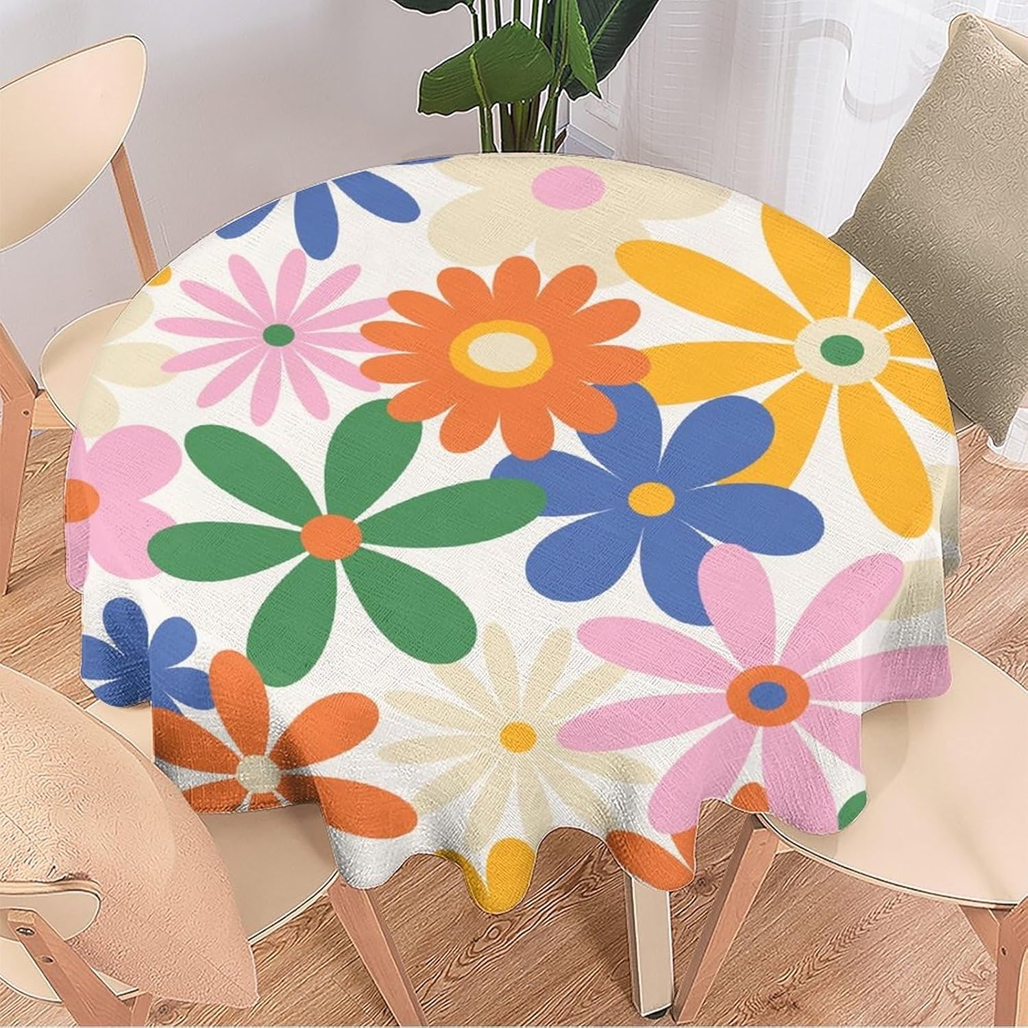 70s Retro Flower Tablecloth, 60s Vintage Groovy Daisy Flowers Boho Hippie Bright Colorful Floral Print Table Cover for Party Picnic Dining Room Kitchen 50x50inch