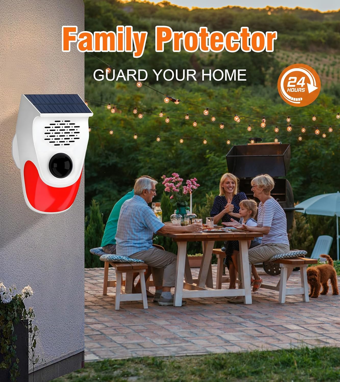 ChunHee Motion Sensor Alarm mounted on a wall in a backyard setting