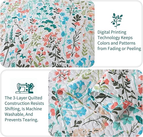 Vista 87 de TWINRUN Colchas de algodón tamaño Queen, colchas ligeras de tamaño Queen para cama, suave, reversible, a cuadros, floral, juego de ropa de cama