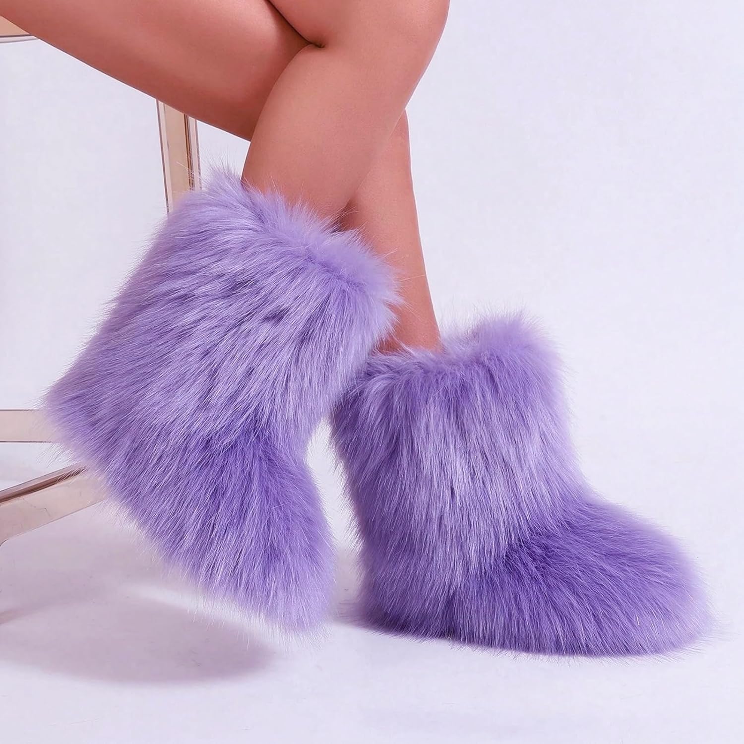 Furry Boots for Women Fuzzy Fluffy Snow Boot Faux Fur Colorful with Round Toe Water Resistant Flat Shoes Rubber Sole for Girls Outdoor Christmas Fashion Party Gifts