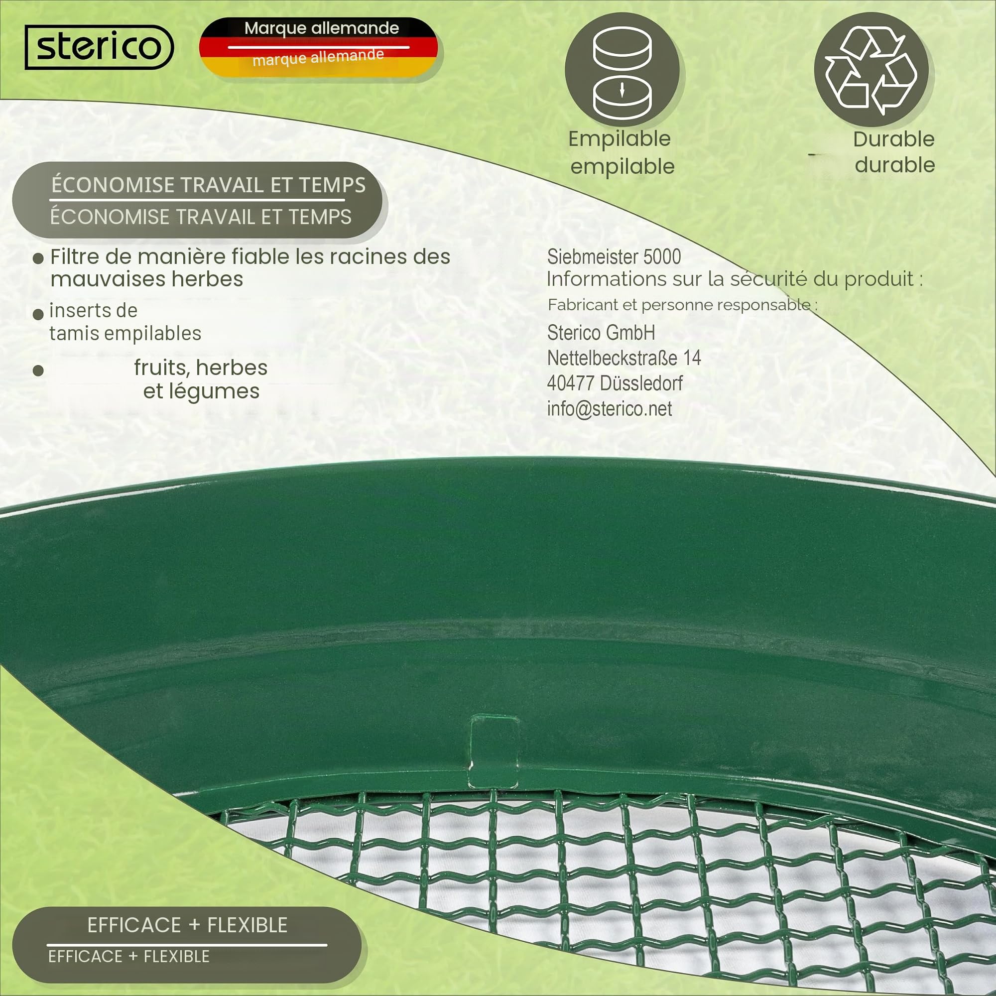 Sterico Tamis de jardin en différentes tailles de maillage | Tamis rond 33cmØ | Tamis de sol, passoire pour semence, terre, compost, pierres, mauvaises herbes | Empilable | robuste (12mm)