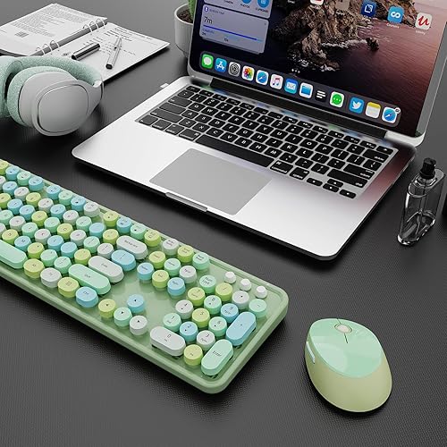 Miniatura 8 de Combo de teclado y mouse inalámbricos, teclado ergonómico de tamaño completo con diseño retro tipo máquina de escribir, con teclas redondas,