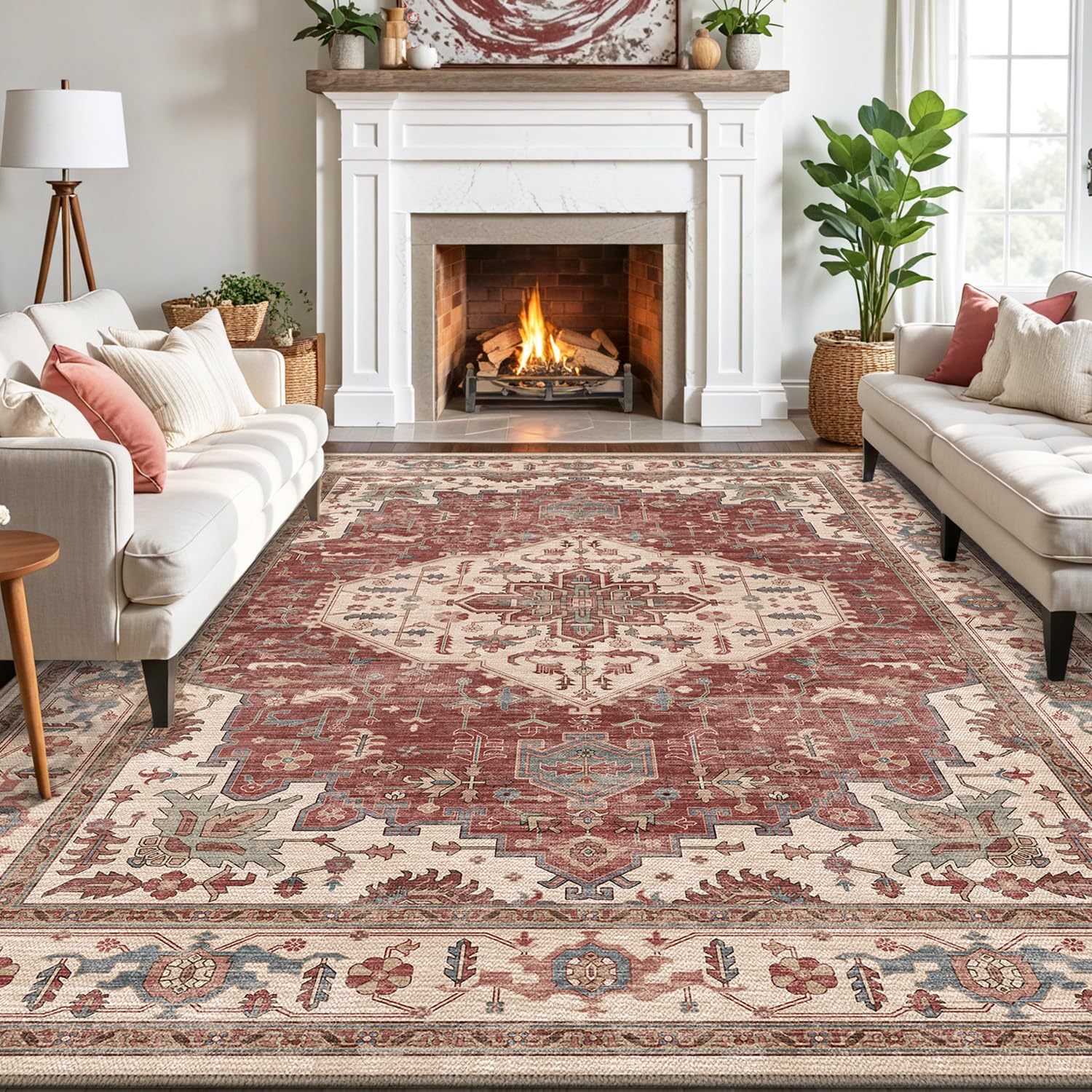 LUMI 8x12 Washable Area Rug for Living Room, Ultra Soft Traditional Vintage Red Rugs Non Slip with Rubber Backing, Low Profile, High Traffic, Stain
