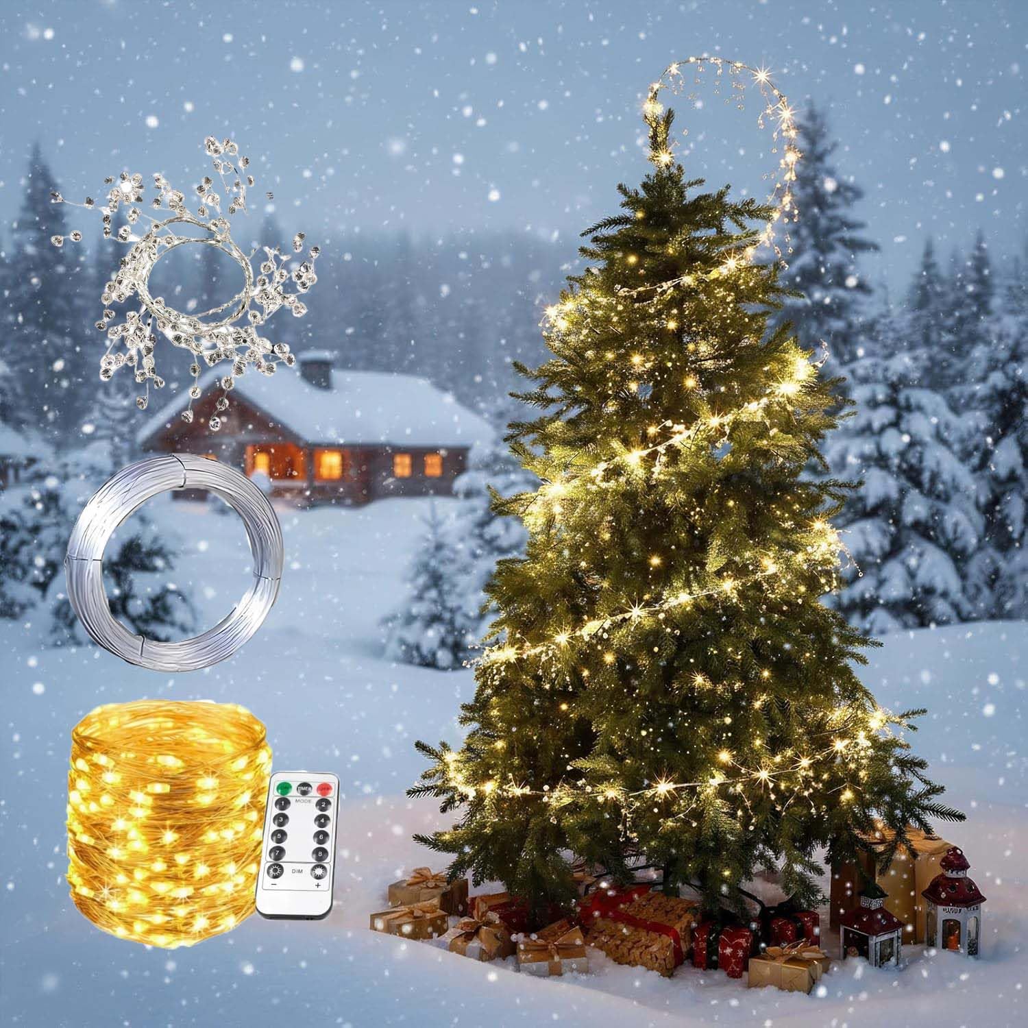 Floating Spiral Christmas Tree Lights, Spiral Lights for Christmas Tree with Remote & 8 Functions, 98ft 300 LED Warm White Christmas Lights with Crystal Beads, DIY Christmastree Wire for Xmas Trees