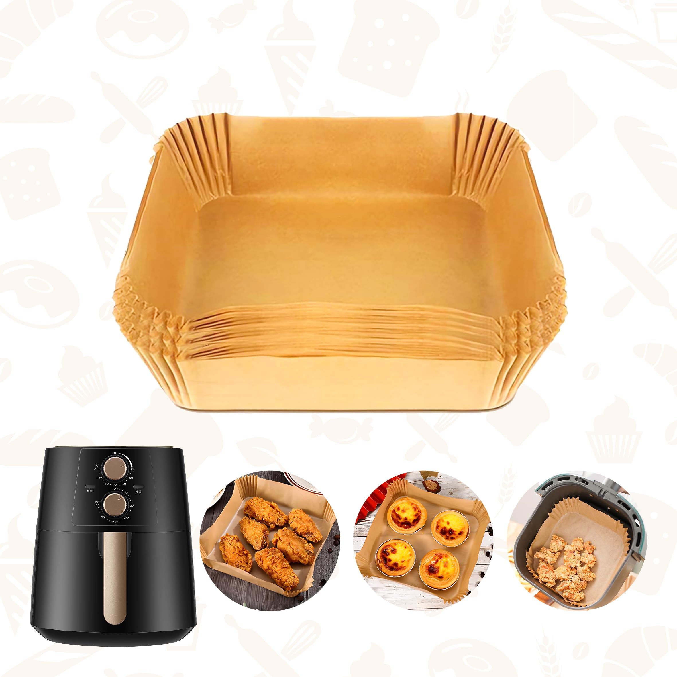 Papel de Pergamino para Freidora de Aire, 100 Piezas, 20cm Cuadrado, Compatible con Freidoras COSORI, Cecotec de 5-7L, Papel Antiadherente y Ecológico para Hornos, Microondas y Freidoras de Aire