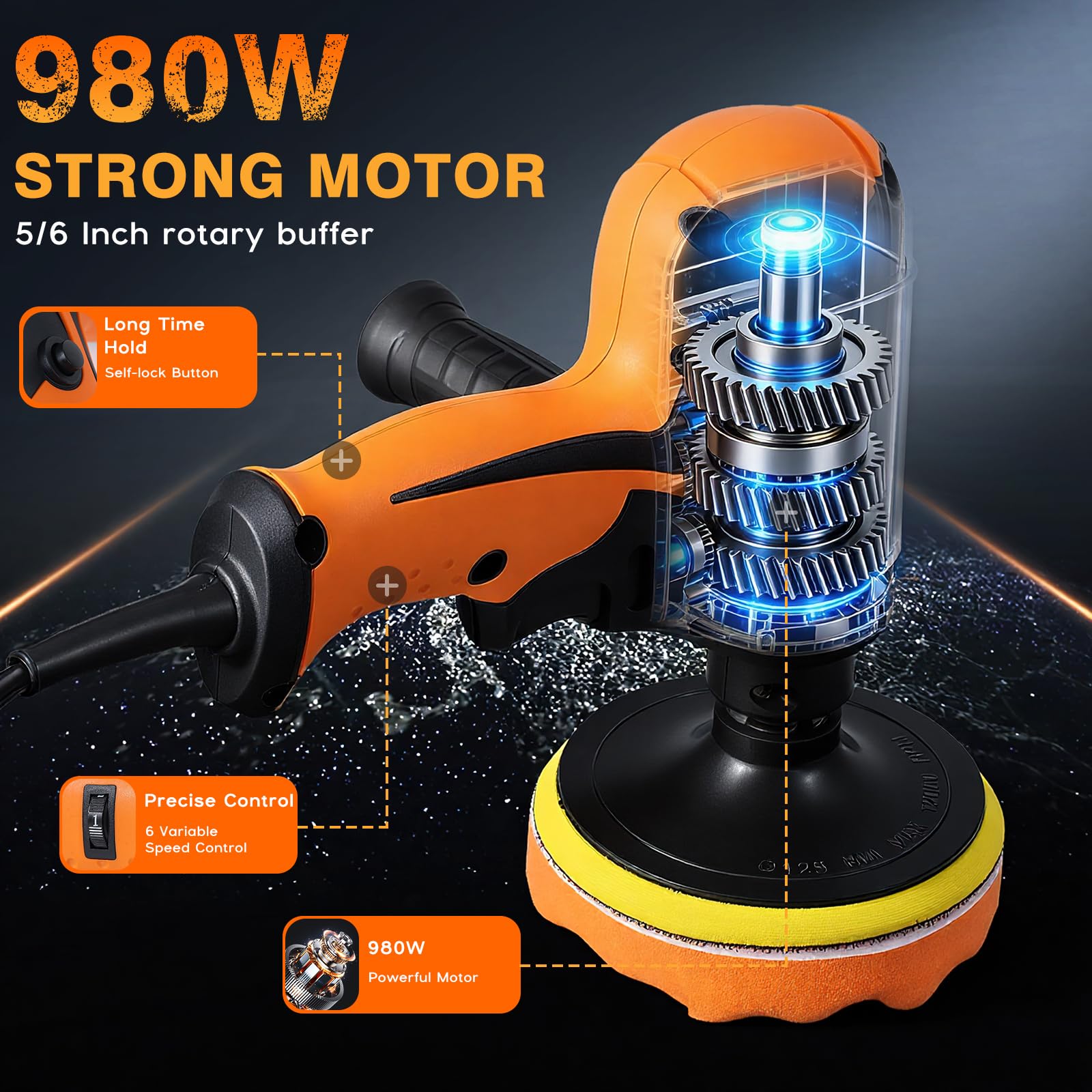 Pulidora Coche, Yaskyly 980W Máquina de Pulir Máquina Pulidora, 6 Velocidades Variables, 850-3200RPM, Mango Lateral, Kit de Esponja de Pulido 125mm, para Coche, Muebles, Motocicletas