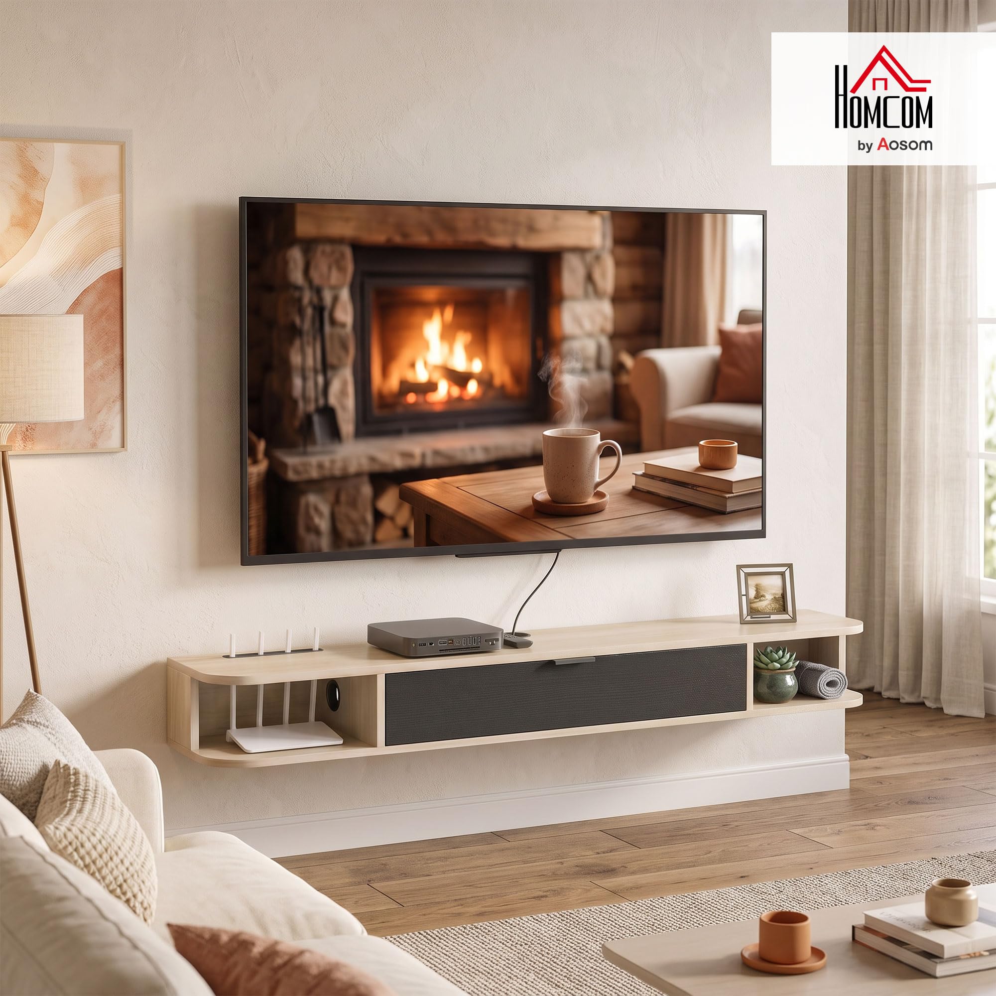 HOMCOM Ścienny mebel TV 140cm do TV 60", Naturalne drewno & Czarny