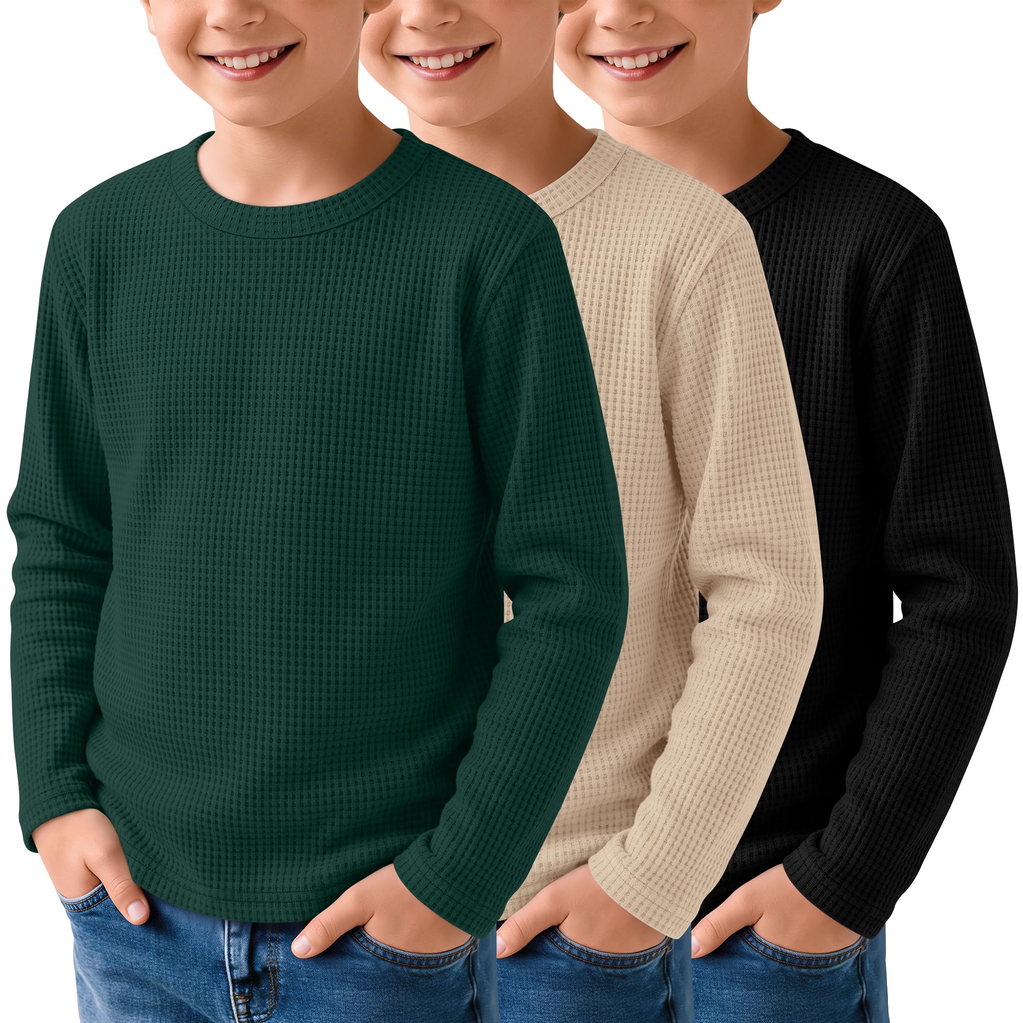 3 Pack Boys Waffle Shirts Kid Long Sleeve Warm Tops