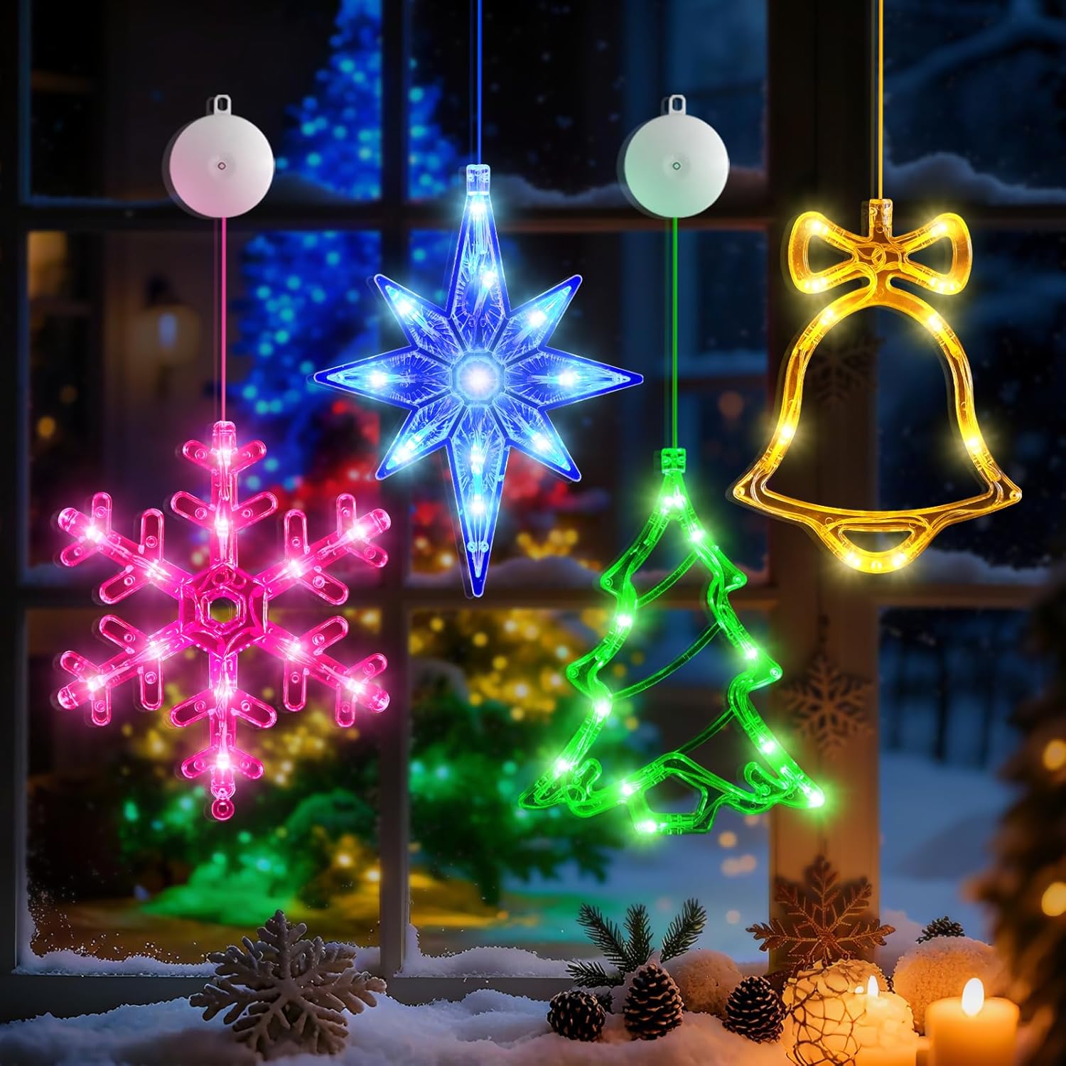 4Pack Christmas Window Lights Decorations with Timer,Battery Powered Christmas Hanging Multicolor Lighted Snowflake Tree Bells Lucky Star Shaped LED Sucker for Xmas Tree Fireplace Indoor Decor 4Pack Christmas Window Lights Decorations with Timer,Battery Powered Christmas Hanging Multicolor Lighted Snowflake Tree Bells Lucky Star Shaped LED Sucker for Xmas Tree Fireplace Indoor Decor