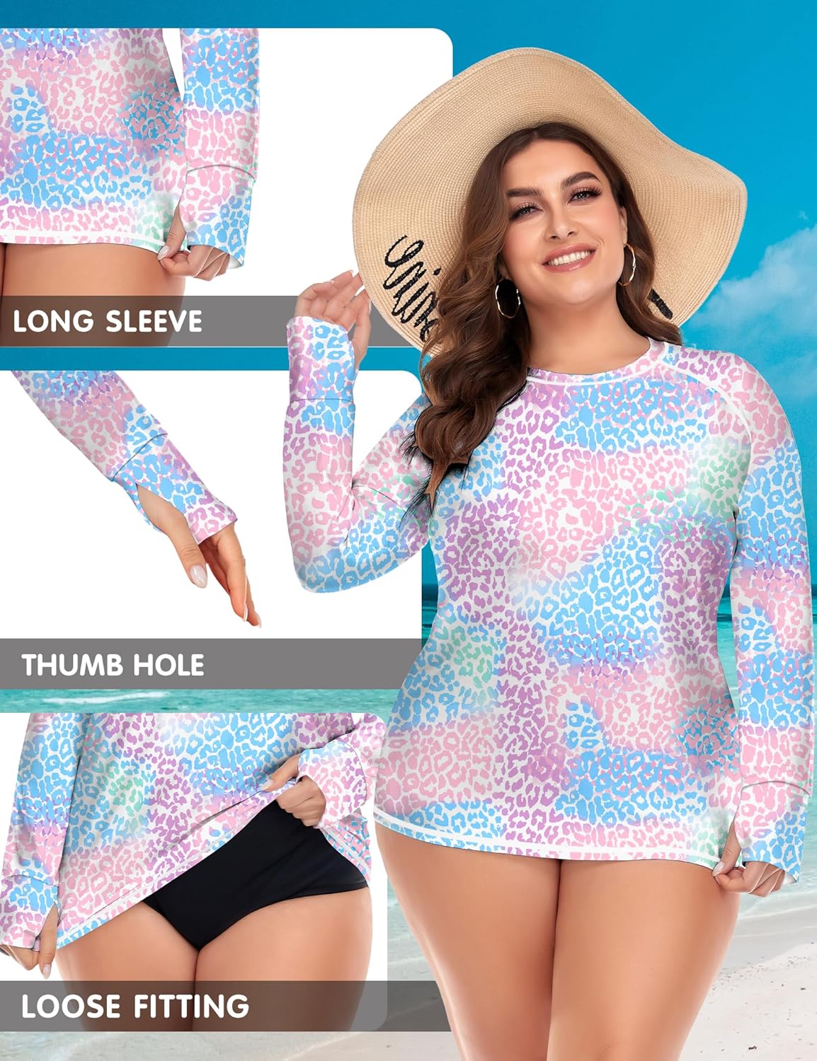FOREYOND Plus Size Rash Guard Shirts for Women Long Sleeves UPF 50+ Sun Protection Loose Fit Swimming Tops Swimwear