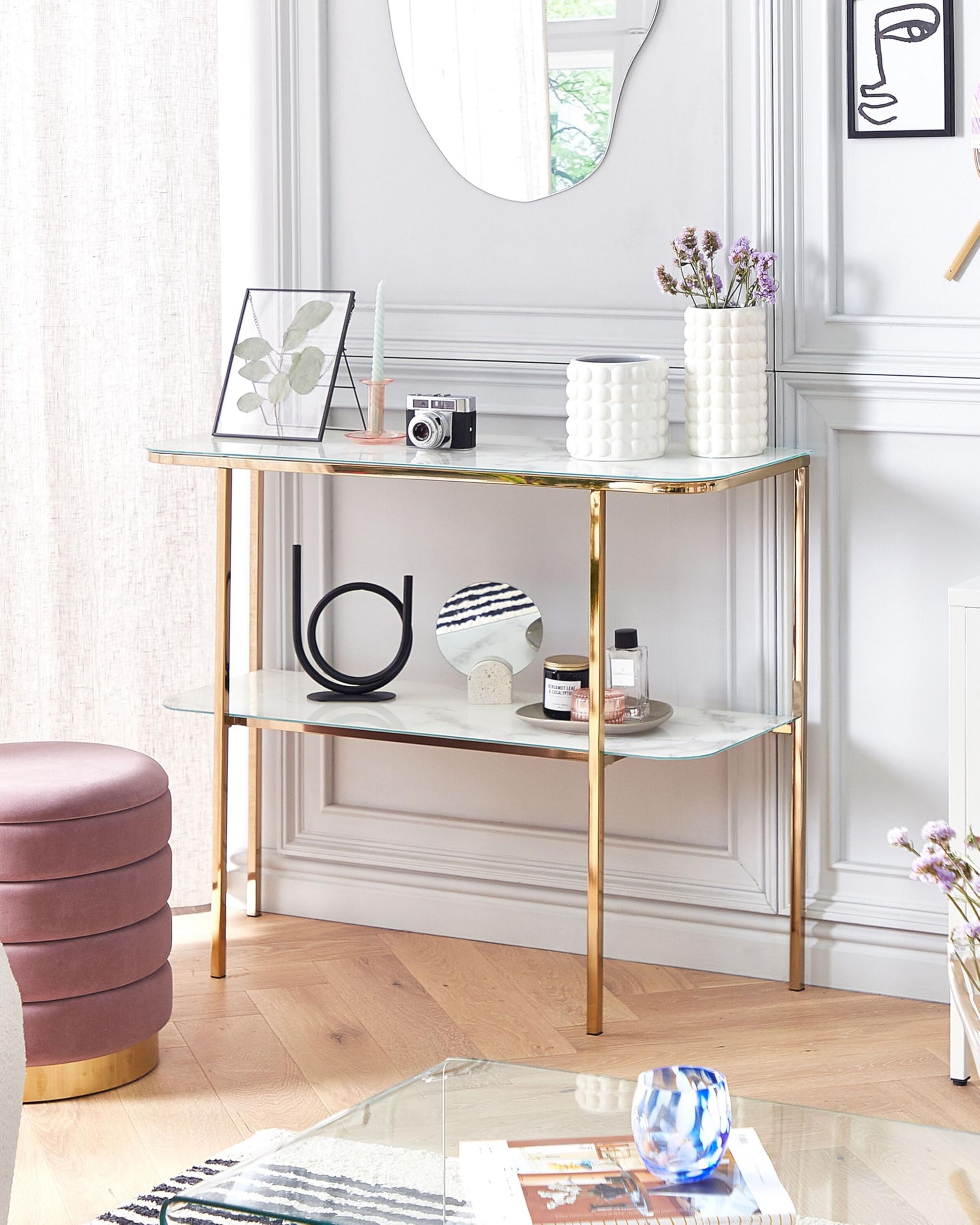 Beliani Table Console en Verre Effet Marbre Blanc Pieds Métalliques Dorés Glam Calvert