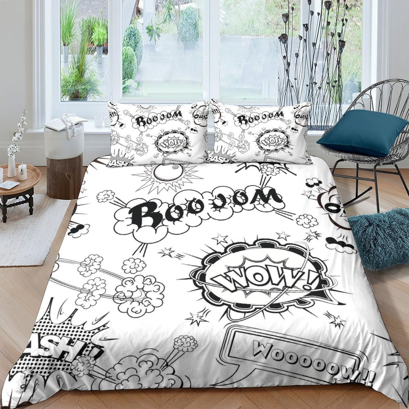 Ctjqhvkz Style-1 3D Printed Comic Graffiti Fitted Sheet Microfiber Black White Pop Art Mattress Cover For Bedroom Dorm Décor Single（135X200cm）