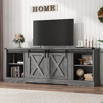 DWVO Farmhouse TV Stand for Television up to 65 Inch, Entertainment Center with Power Outlets and Open Shelf, Rustic TV Cabinet Media Console Table for Living Room, Dark Grey, 59 Inches