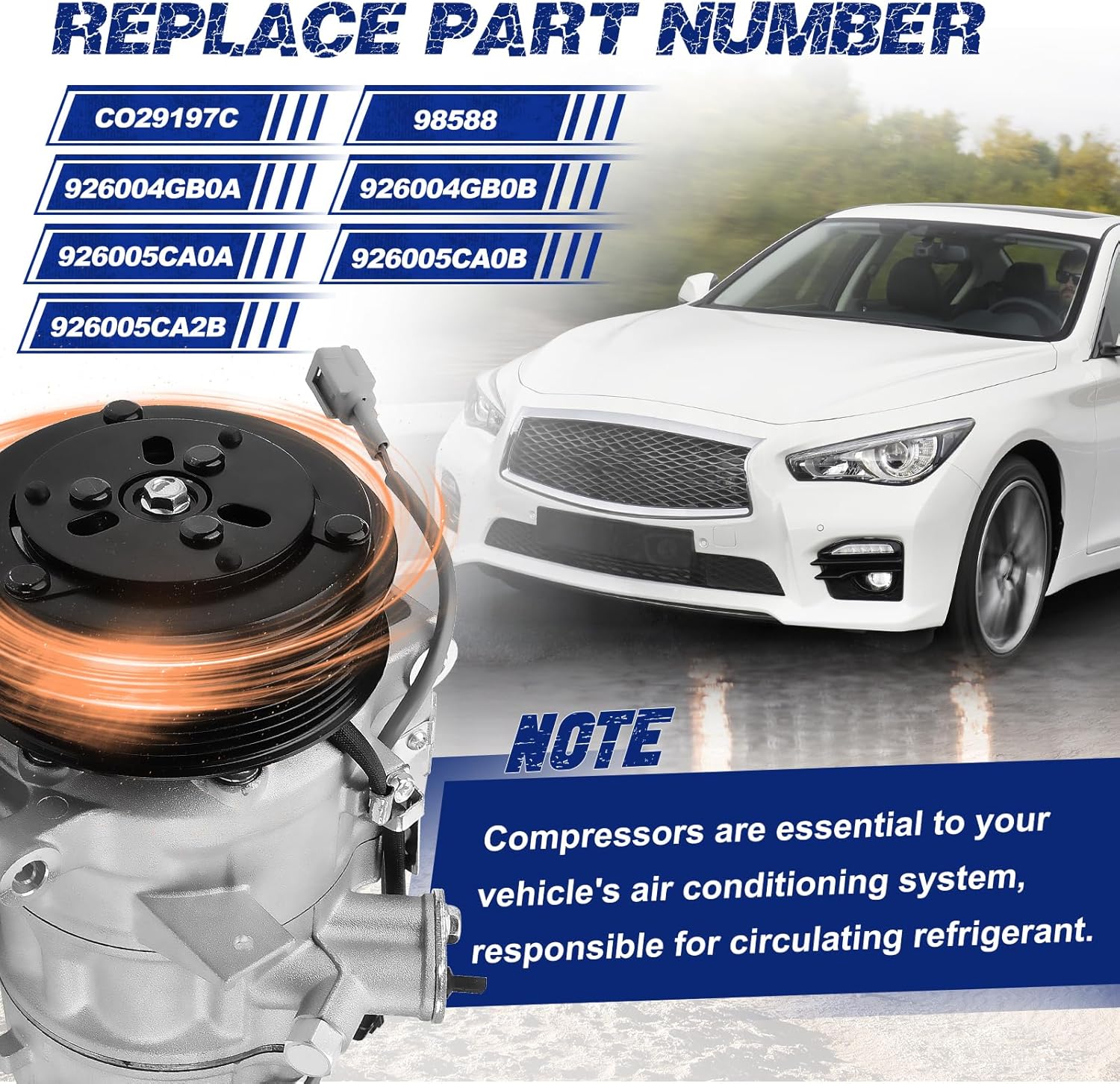 A/C Compressor with Clutch Compatible with INFINITI Q50 2014-2021 Q60 2017-2020 V6 3.0L 3.7L, Replace OE Number CO29197C, 98588, 926004GB0A, 926004GB0B, 926005CA0A, 926005CA0B, 926005CA2B