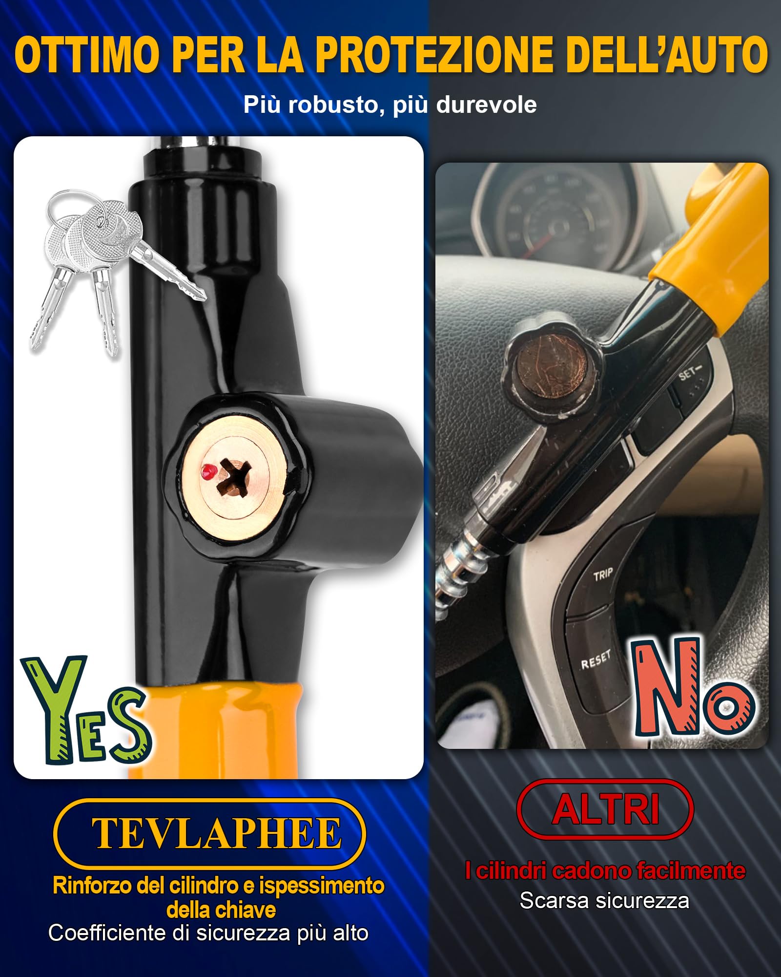 Tevlaphee Blocco Volante, Serratura di Sicurezza Auto, Dispositivo Anti-Furto Robusto, Alta Visibilità, Adattamento Universale per Auto, SUV & Furgoni, Regolabile, 3 Chiavi(Giallo)