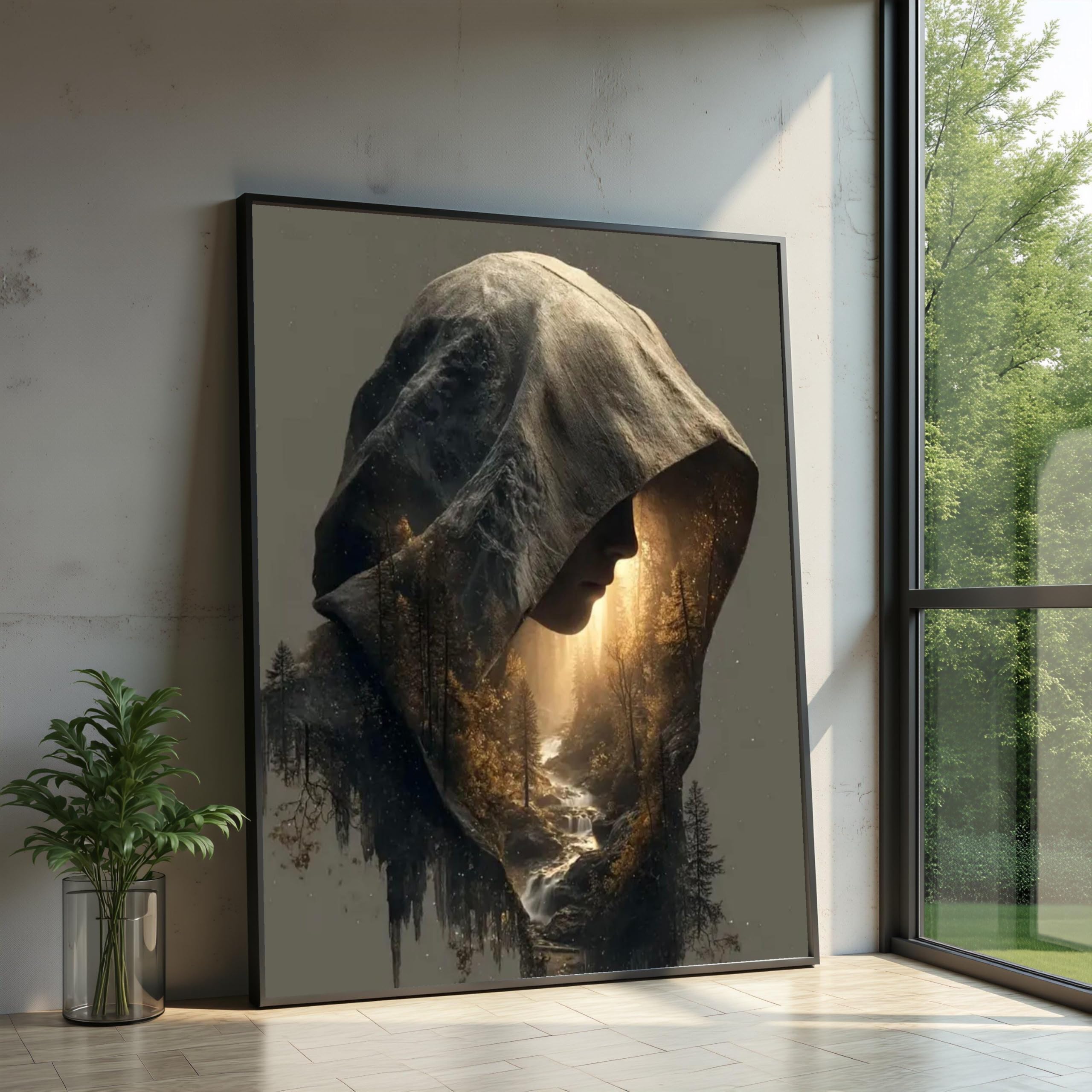 Płótno przedstawiające sylwetkę kobiety, wystawa strumienia w lesie, dekoracja ścienna krajobraz naturalny las, obraz gotowy do powieszenia (60 x 90 cm/wewnętrzna rama)