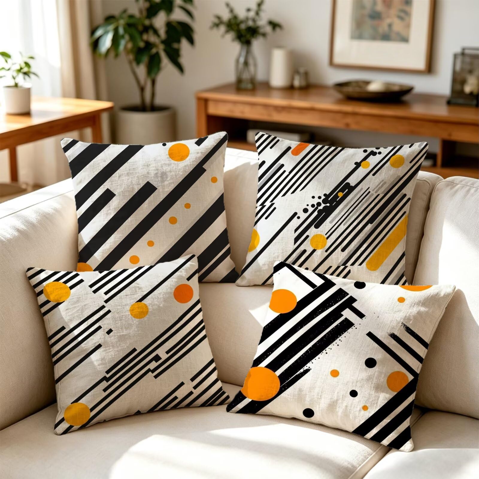 Juego de 4 Fundas Cojín 45x45 En Blanco Y Negro Lino GJ-93