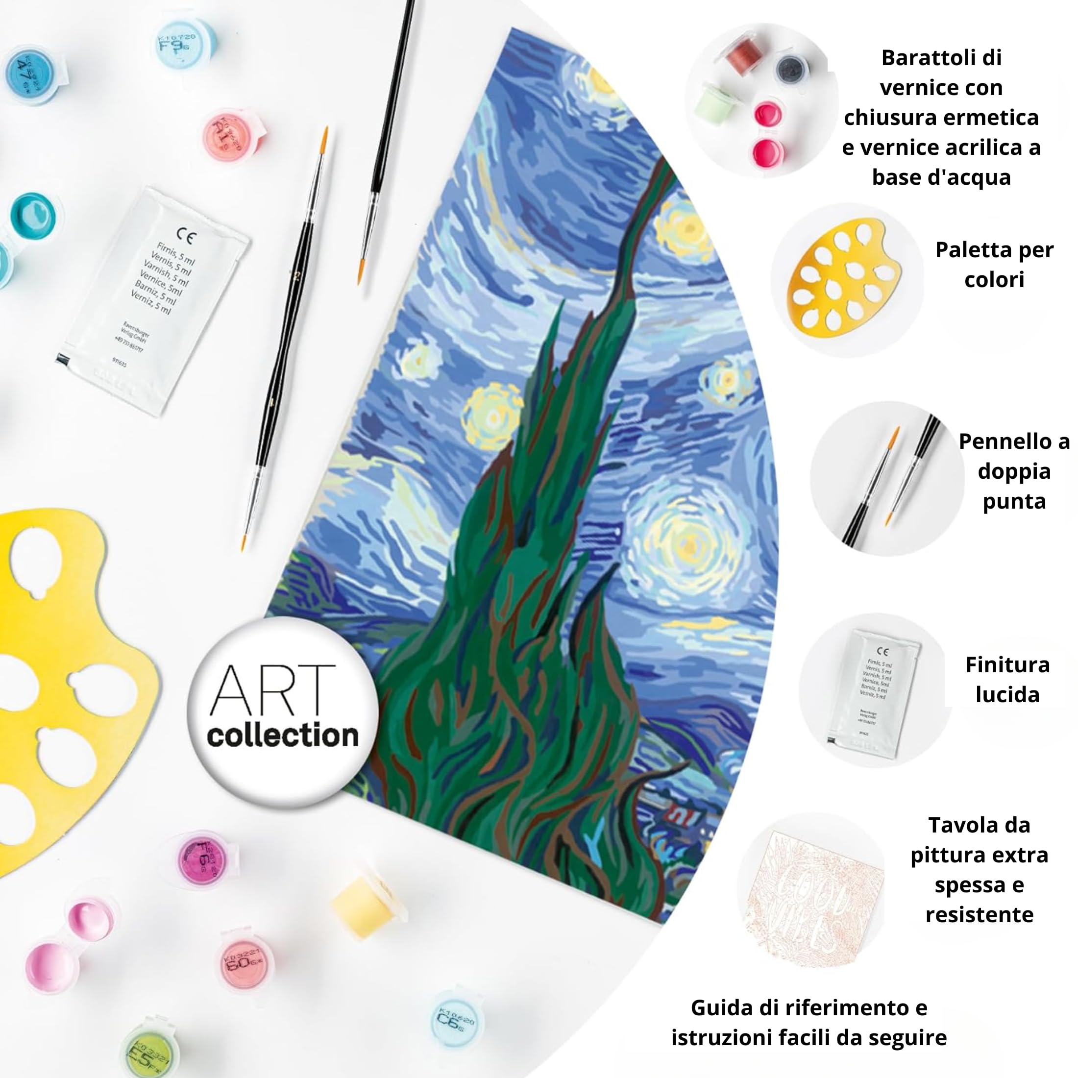 Ravensburger - CreArt ART COLLECTION Van Gogh: Notte stellata, Kit per Dipingere con i Numeri, Contiene Tavola Prestampata 30 x 40 cm, 2 Pennelli, Colori e Accessori