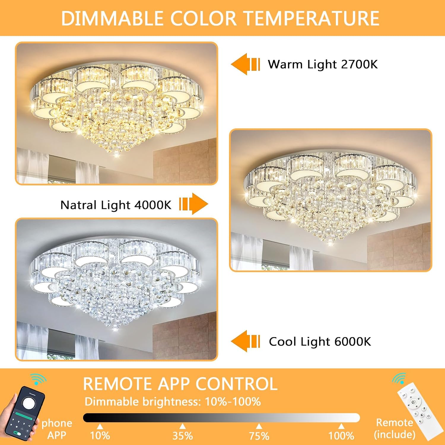39.4" Silver Modern Crystal Chandeliers for Dining Room LED Dimmable Light Fixtures Flush Mount Light Living Room Bedrooms