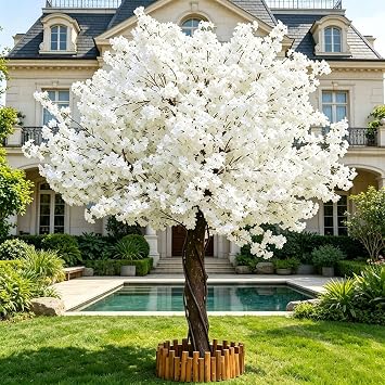 Japanese Artificial Cherry Blossom Trees Large Indoor Outdoor for Home Decor,Faux Cherry Blossom Tree for Party Wedding Graden,Fake Sakura Tree with Realistic Silk FlowersWhite-Round,5x4ft