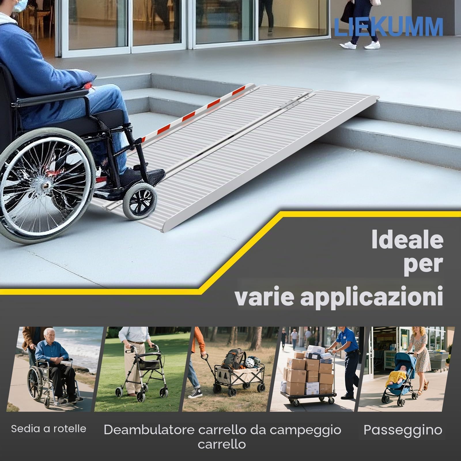 LIEKUMM, rampa pieghevole per sedia a rotelle, 120 cm, per casa, gradini, scale, handicap, porte, per diversamente abili, per porte, per fino a 300 kg (MR607-4)
