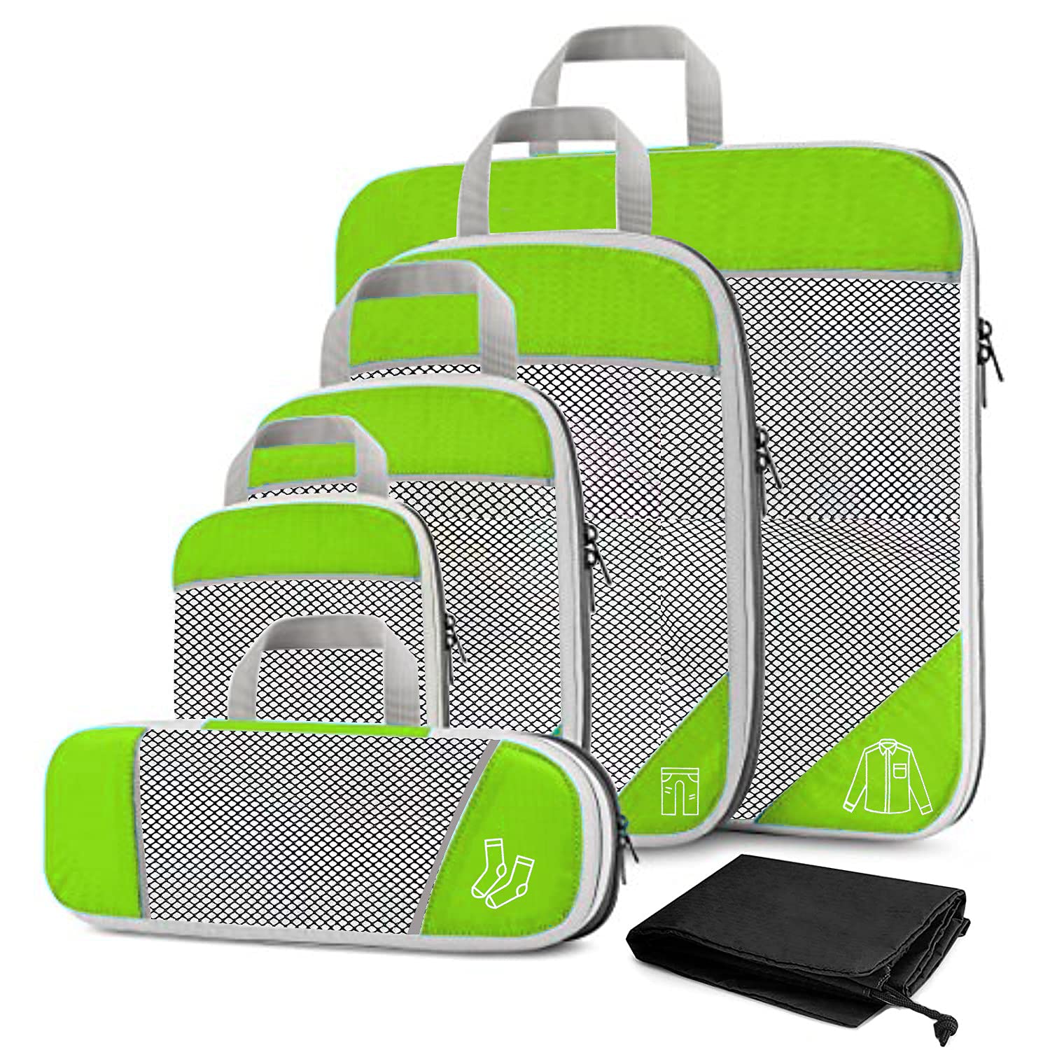 Organizer Valigia,Packing Cubes Set di 6 Organizer da Viaggio compressi con Borsa for Scarpe, cubi di imballaggio Portatili, Borsa Leggera for Valigia, in Rete e visiva.(Green)