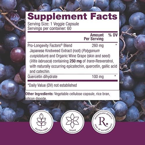 Miniatura 2 de Reserveage Beauty, Resveratrol 250 mg, suplemento antioxidante para la salud cardíaca y celular, apoya el envejecimiento saludable y el sistema