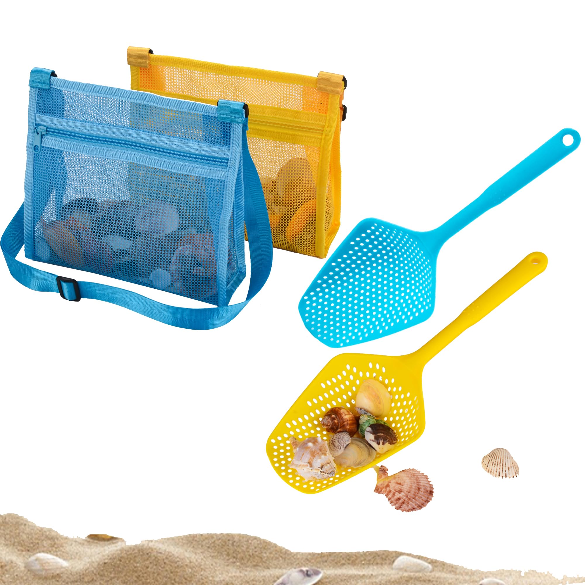 MUYIZIBeach Mesh Shovel with Beach Mesh Bag Beach Shell Bags for Holding Beach Shell, Toys Kids Filter Sand Scooper for Picking Up Shells Shark Tooth Sifter Dipper Beach Toys Accessories