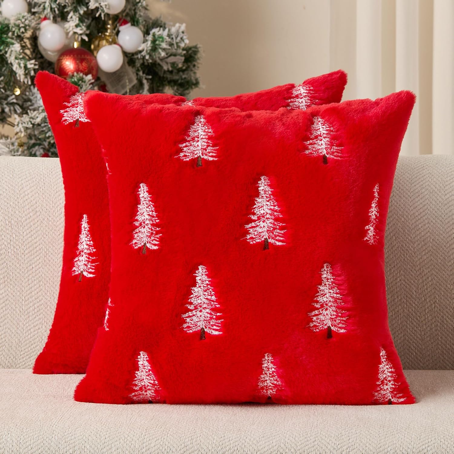 DFXSZ Christmas Pillow Covers 20x20 inch Set of 2 White Embroidered Christmas Tree Decoration Red Soft Plush Faux Fur Jacquard Throw Pillows for Bedroom Sofa Holiday Winter Home Decor PTK071D20