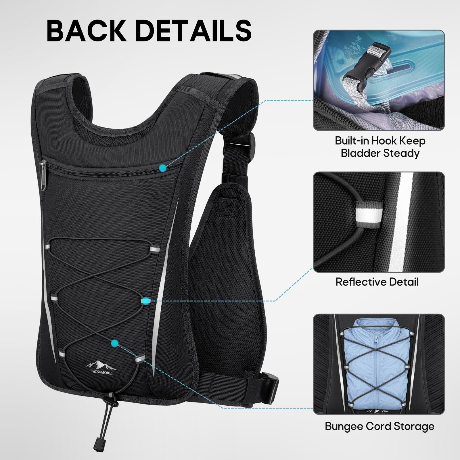 RAINSMORE Laufweste Damen Herren, Trinkweste Laufen mit 2L Trinkblase | Leichtes Atmungsaktives Mesh | Große Handytasche | Reflektoren | Verstellbare Passform Für Trailrunning, Marathon & Radfahren