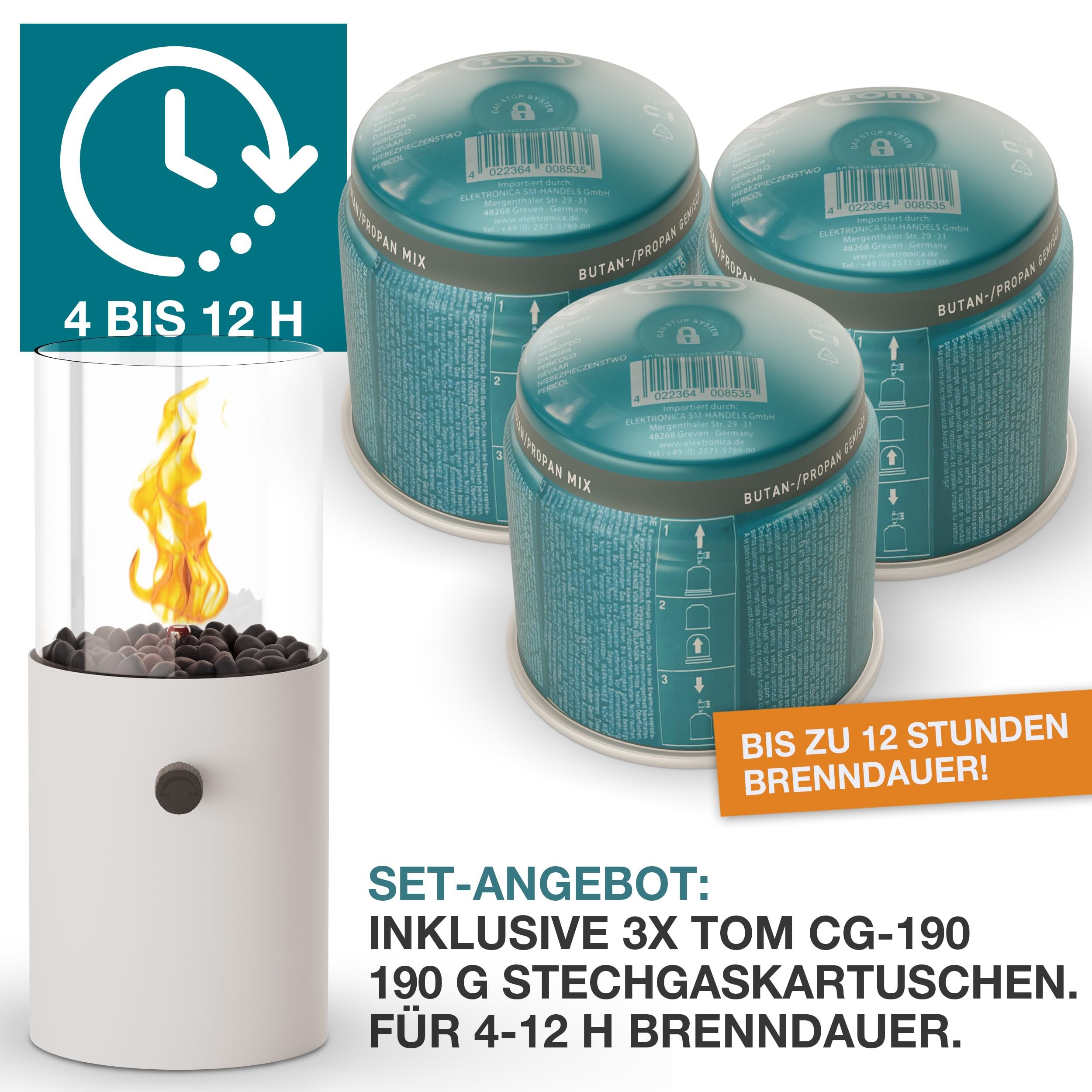 TOM Innovation XXL Gas Tischkamin - 12 Stunden Brenndauer für Indoor & Outdoor – Tisch Kamin Set– Tischfeuer mit Deko-Steinen – Plus 3X 190 g Stechgaskartusche